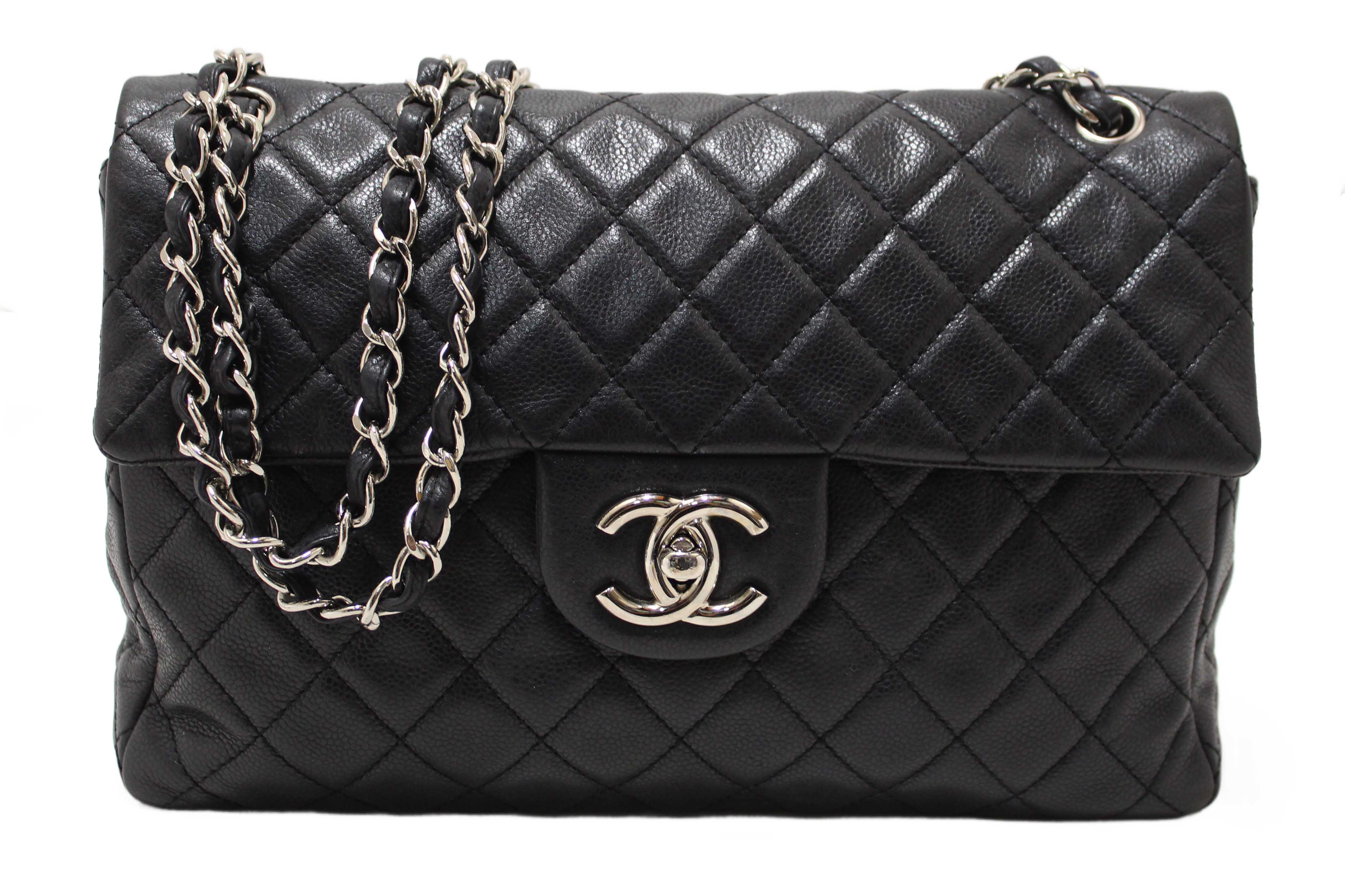 Authentic Chanel Black Quilted Washed Caviar Leather Classic Maxi Single Flap Shoulder Bag