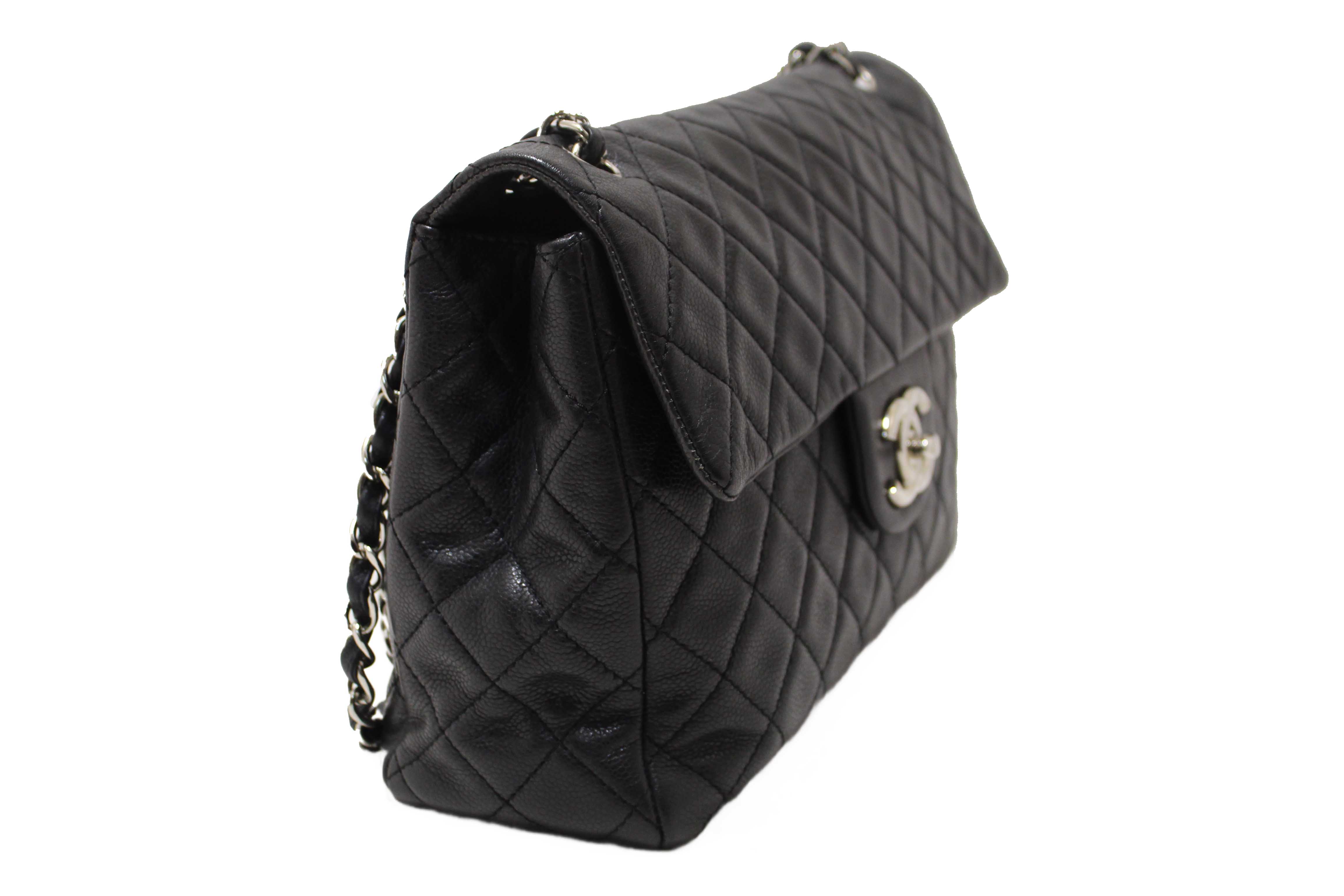 Authentic Chanel Black Quilted Washed Caviar Leather Classic Maxi Single Flap Shoulder Bag