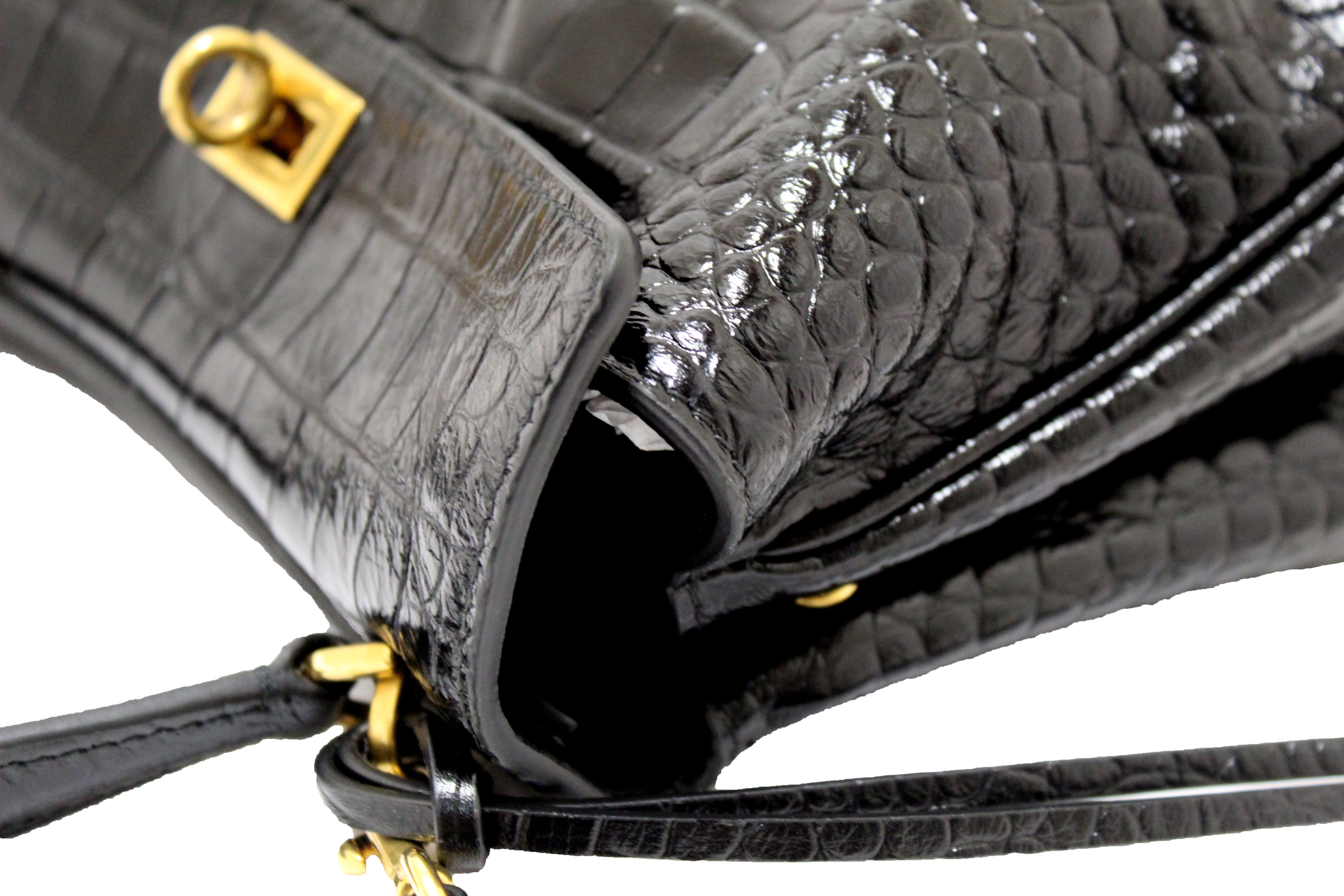 Authentic NEW Balenciaga Black Crocodile Embossed Leather Mini Rodeo Handbag