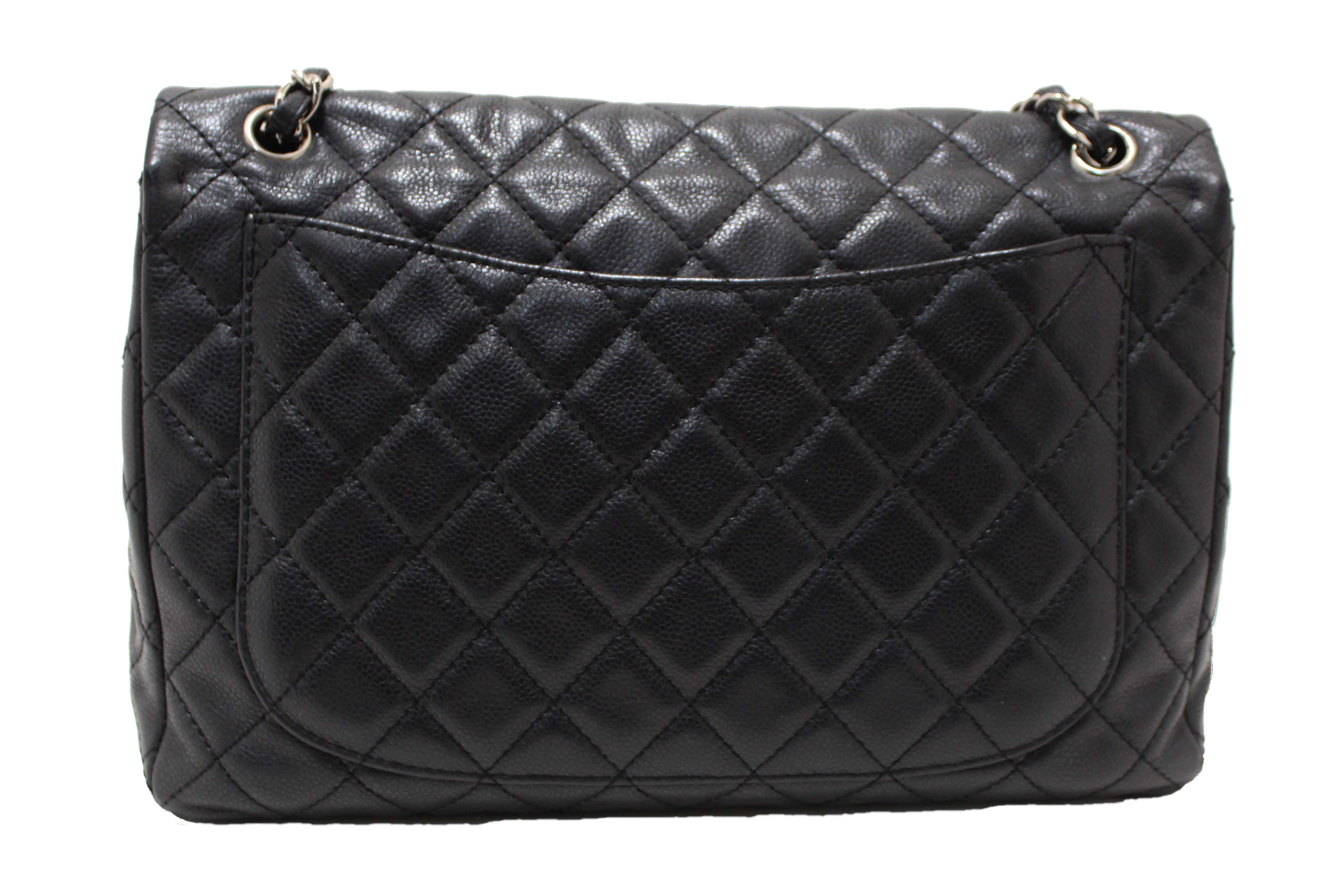Authentic Chanel Black Quilted Washed Caviar Leather Classic Maxi Single Flap Shoulder Bag