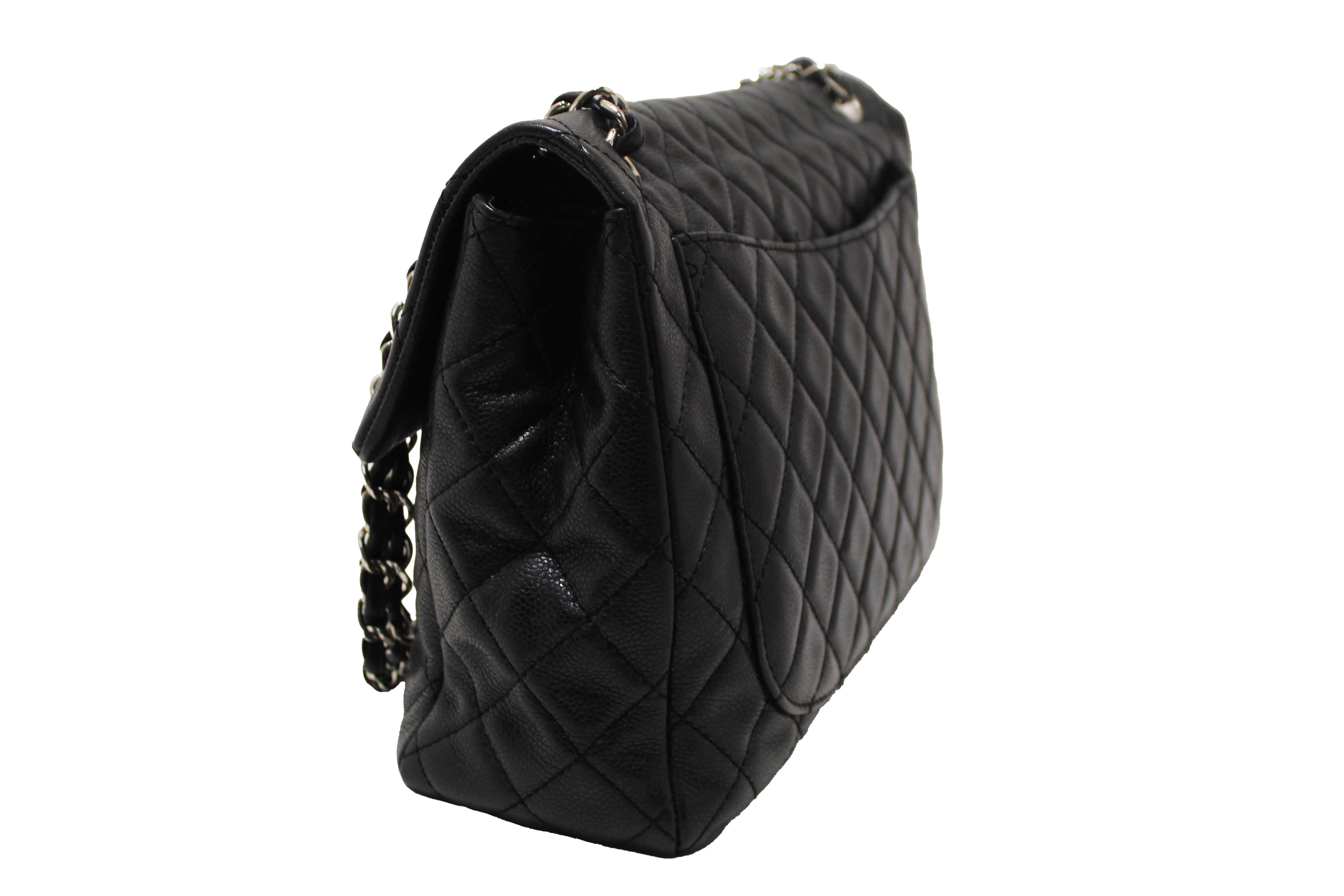 Authentic Chanel Black Quilted Washed Caviar Leather Classic Maxi Single Flap Shoulder Bag