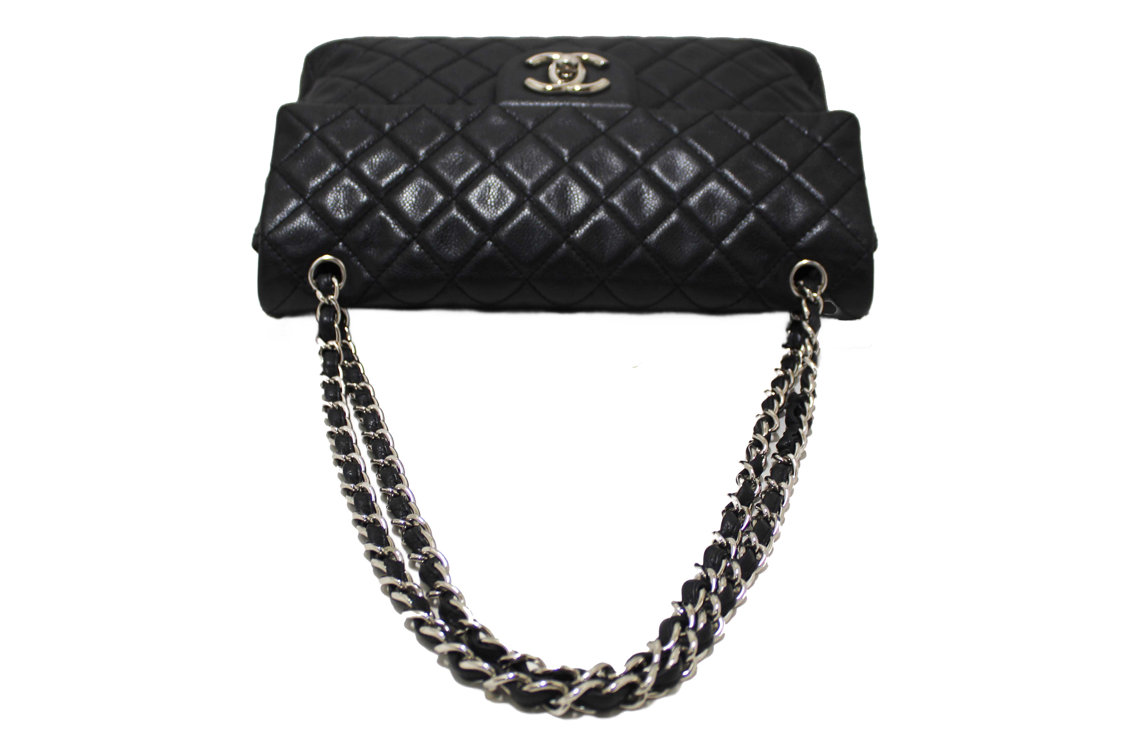 Authentic Chanel Black Quilted Washed Caviar Leather Classic Maxi Single Flap Shoulder Bag