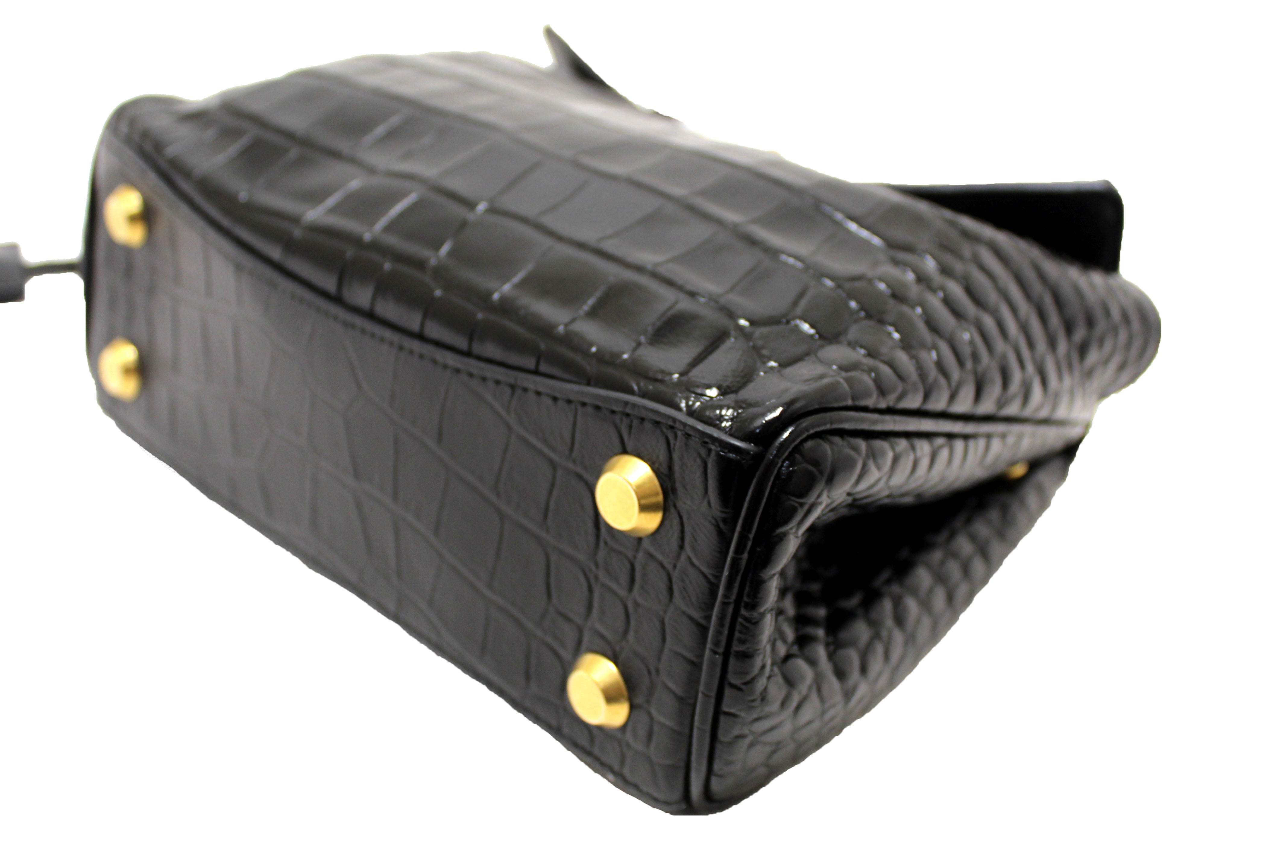 Authentic NEW Balenciaga Black Crocodile Embossed Leather Mini Rodeo Handbag