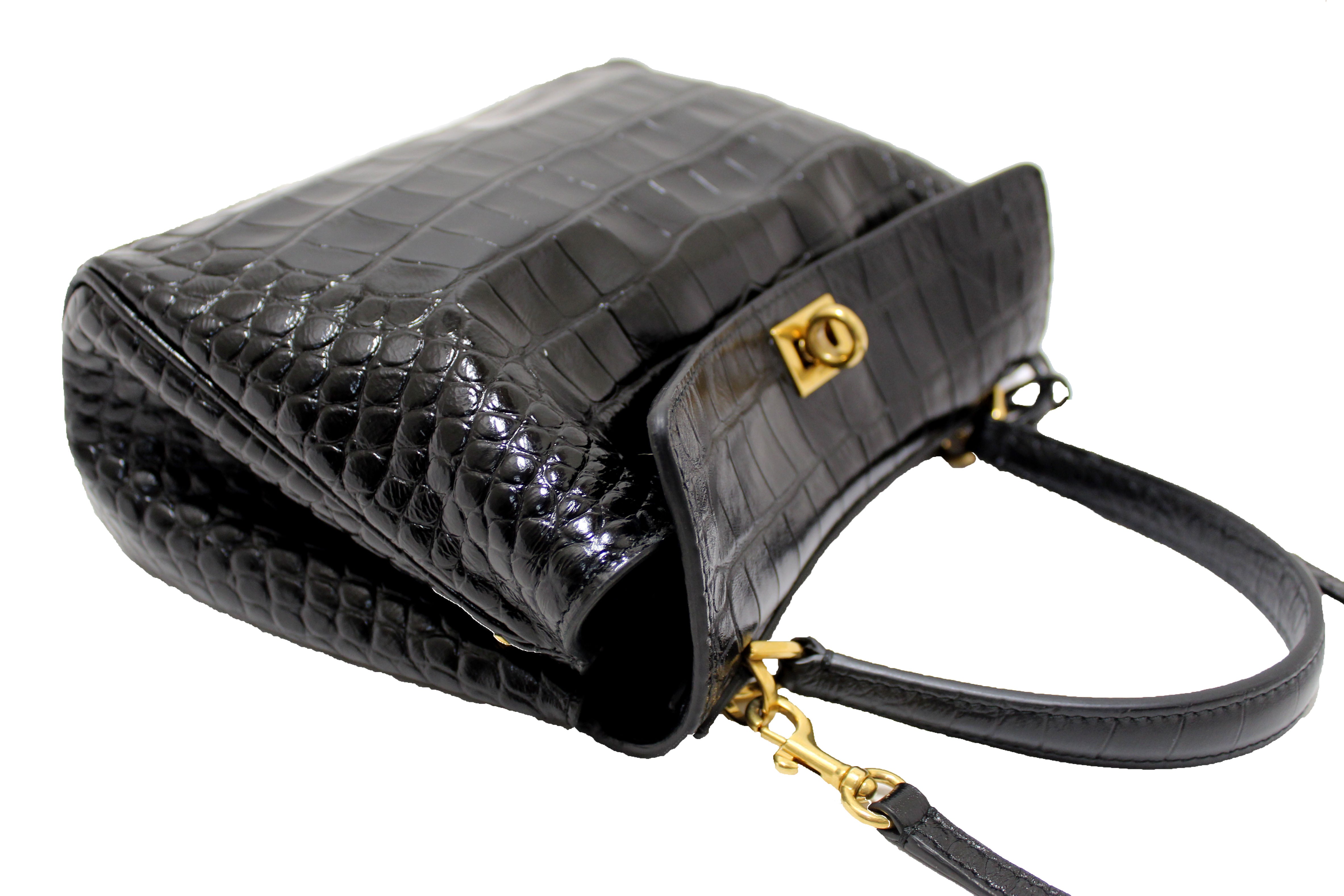 Authentic NEW Balenciaga Black Crocodile Embossed Leather Mini Rodeo Handbag