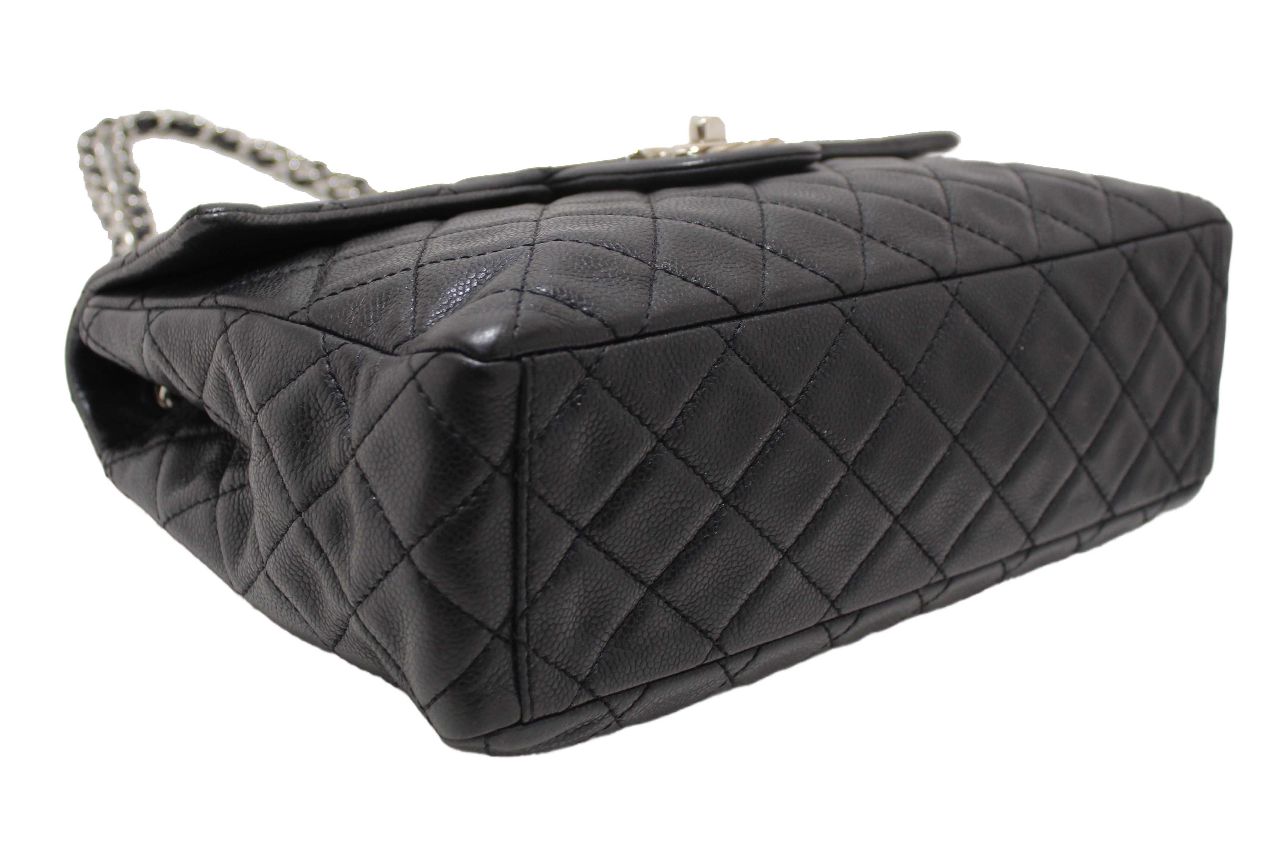 Authentic Chanel Black Quilted Washed Caviar Leather Classic Maxi Single Flap Shoulder Bag