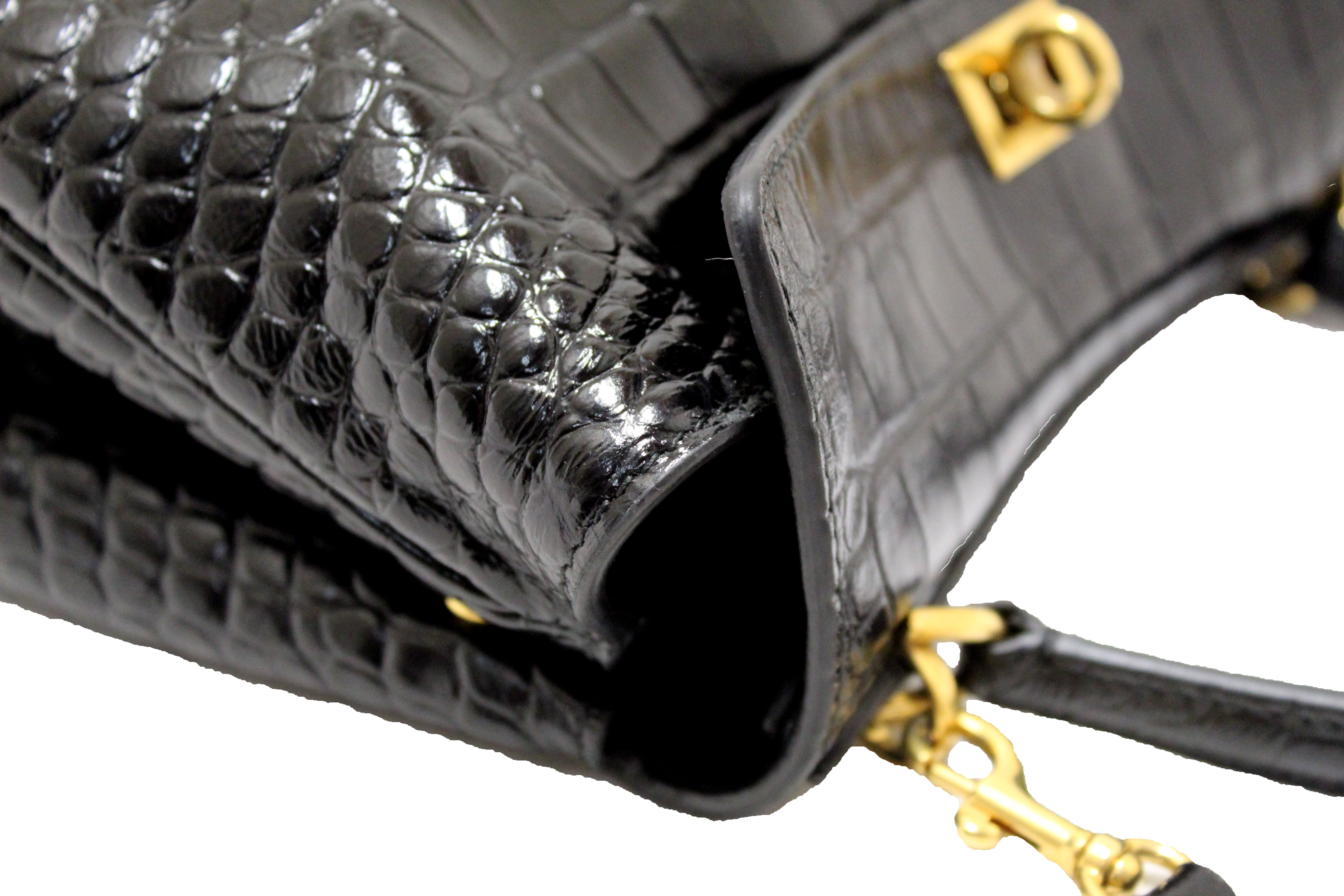 Authentic NEW Balenciaga Black Crocodile Embossed Leather Mini Rodeo Handbag