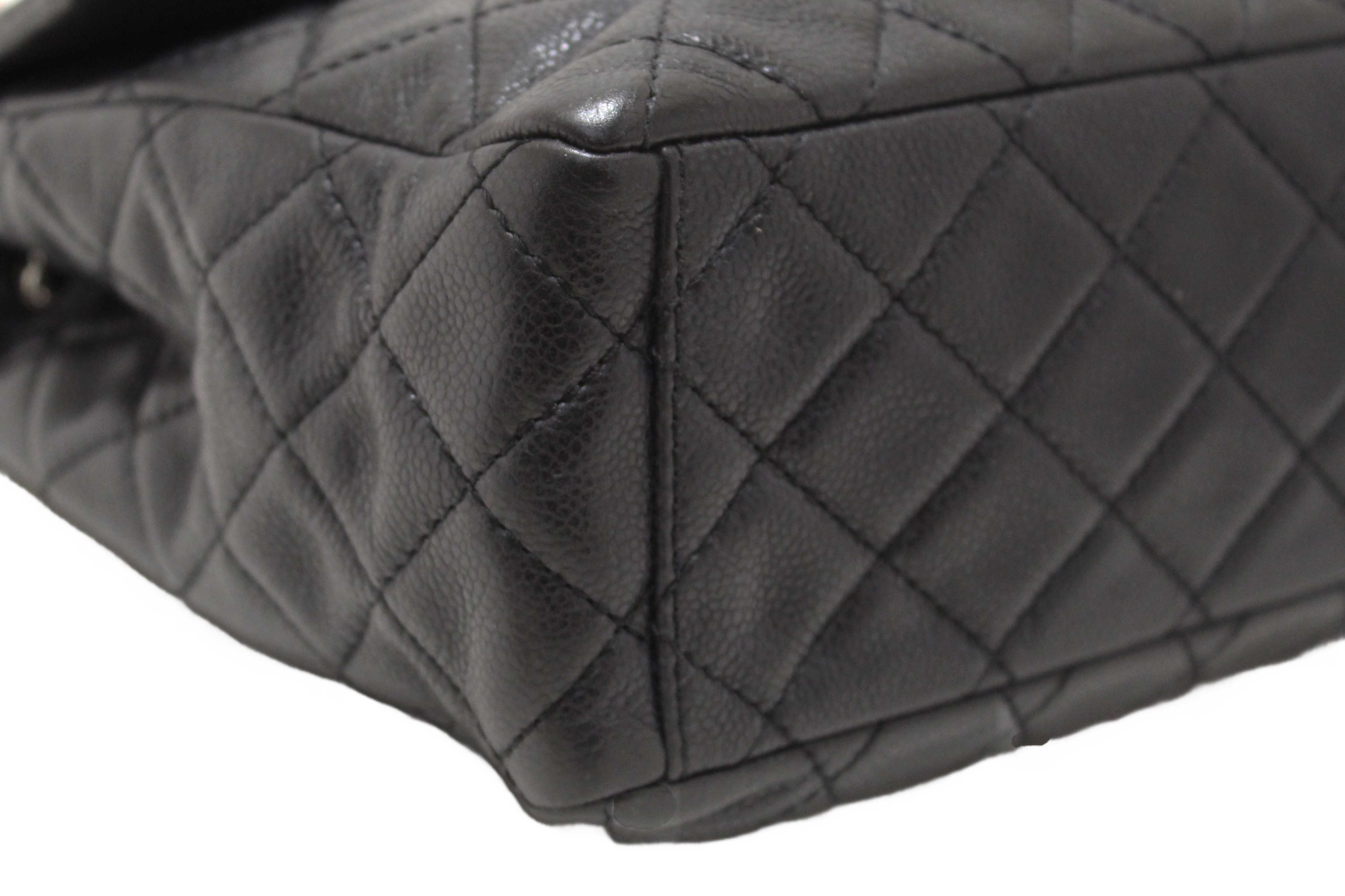 Authentic Chanel Black Quilted Washed Caviar Leather Classic Maxi Single Flap Shoulder Bag
