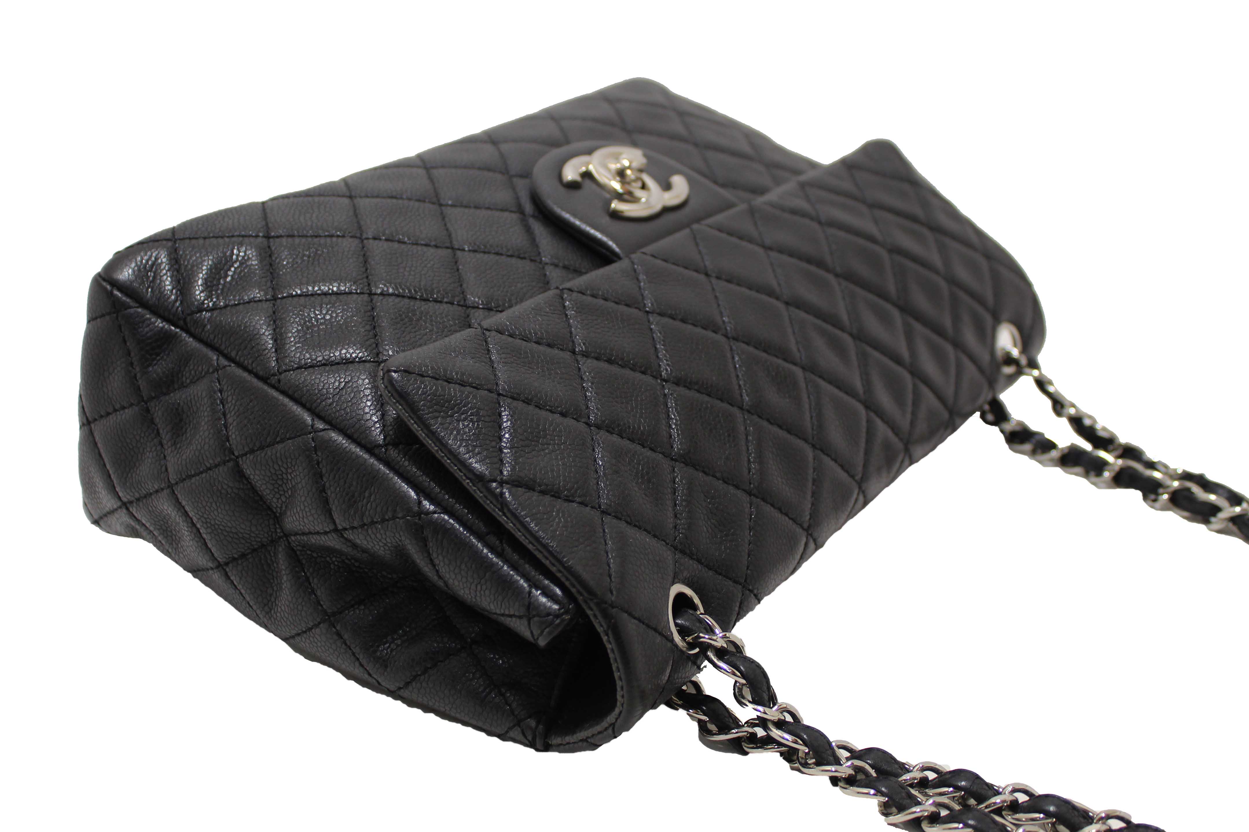 Authentic Chanel Black Quilted Washed Caviar Leather Classic Maxi Single Flap Shoulder Bag