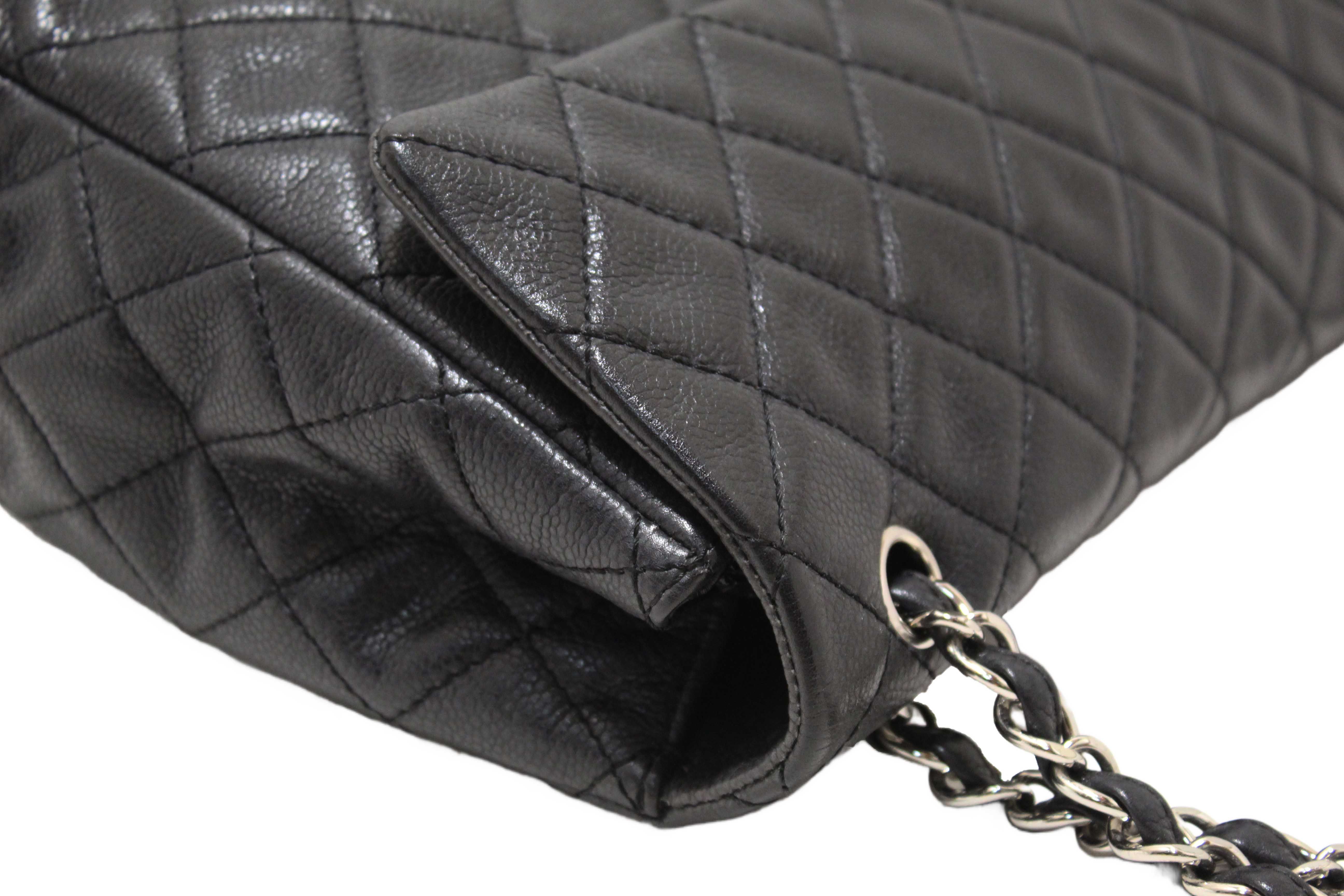 Authentic Chanel Black Quilted Washed Caviar Leather Classic Maxi Single Flap Shoulder Bag