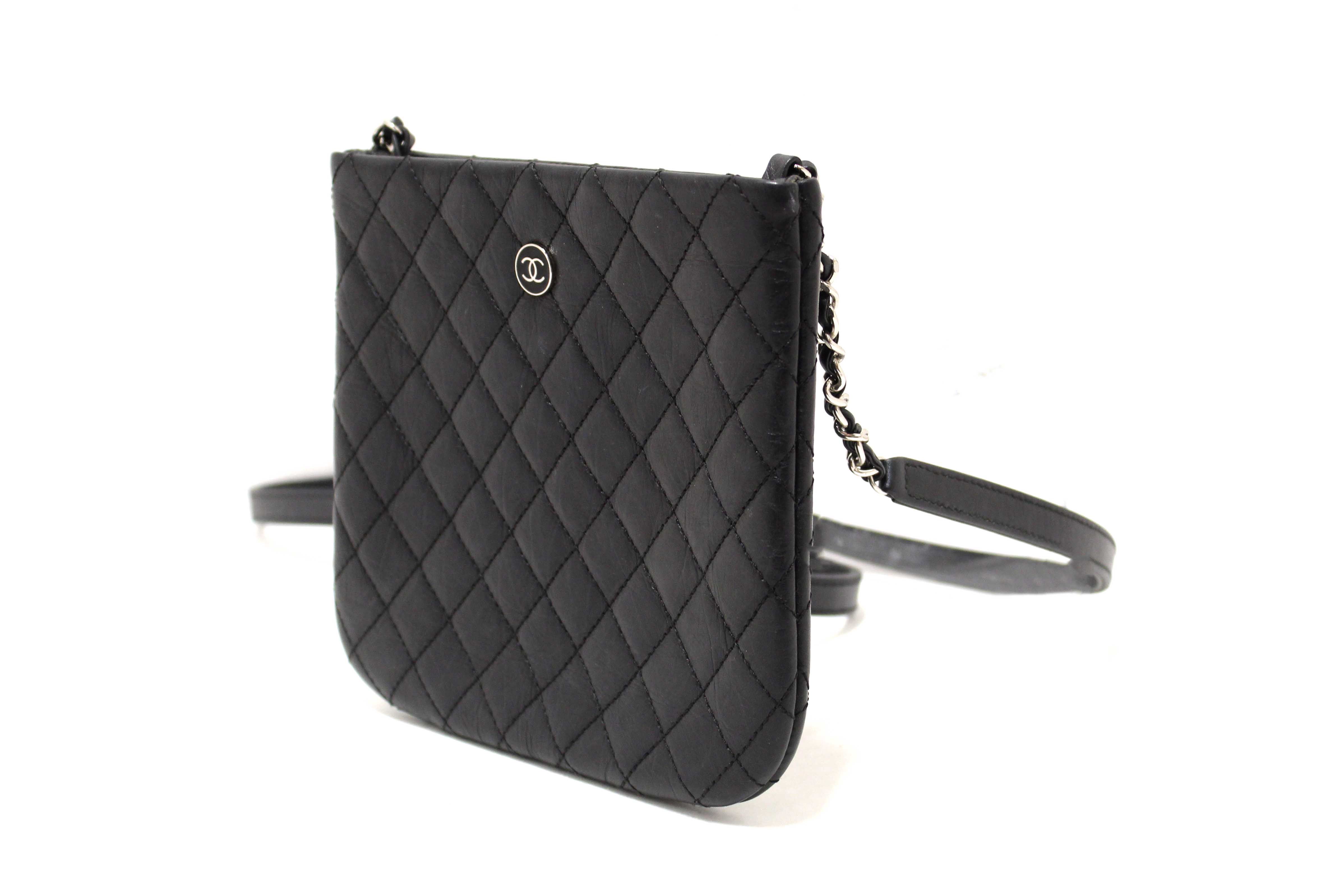 Authentic Chanel Black Quilted Aged Calfskin Leather Crossbody Bag