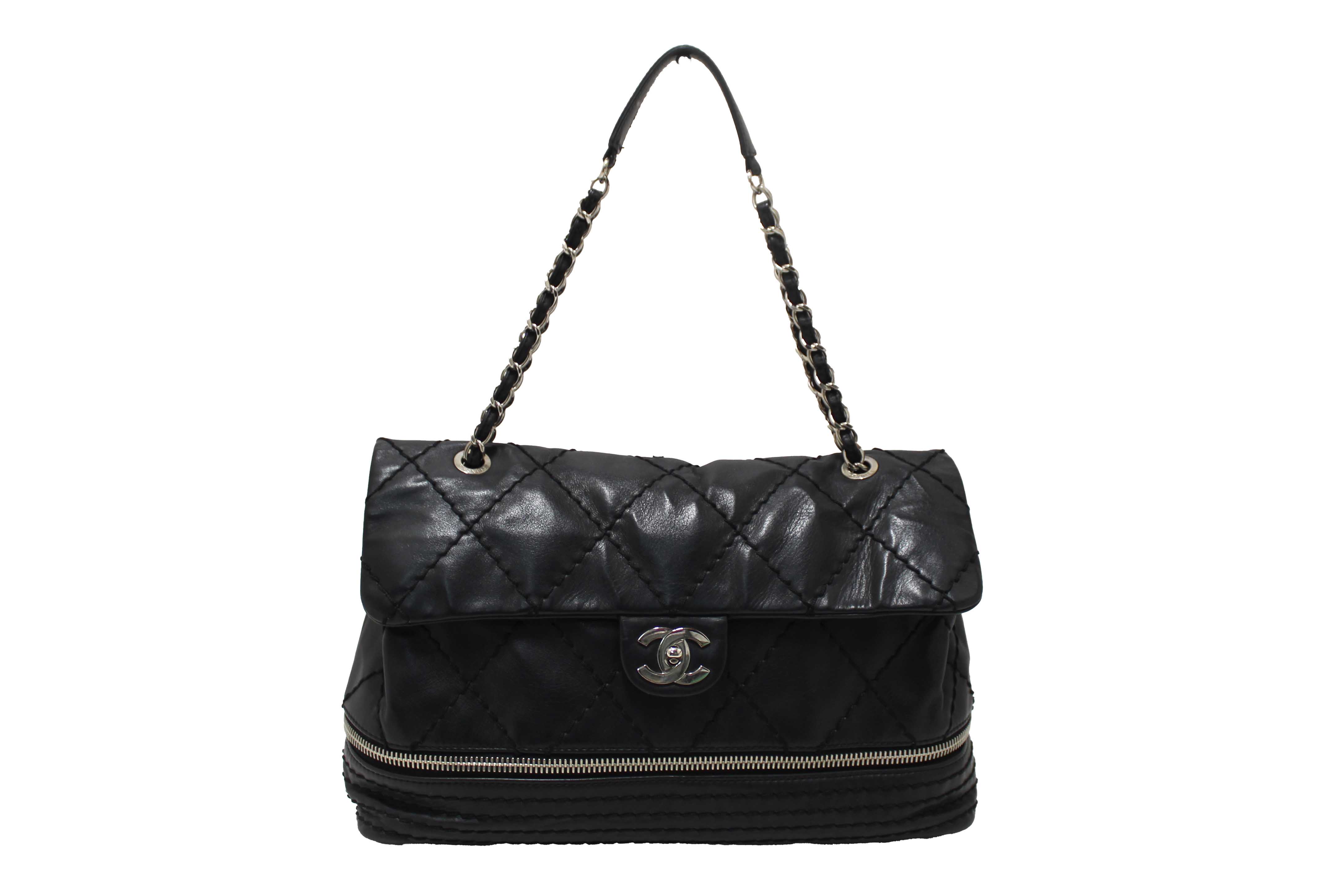Authentic Chanel Black Quilted Calfskin Leather Expandable Ligne Flap Bag