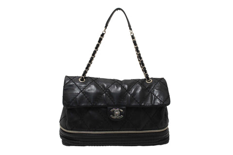 Authentic Chanel Black Quilted Calfskin Leather Expandable Ligne Flap Bag
