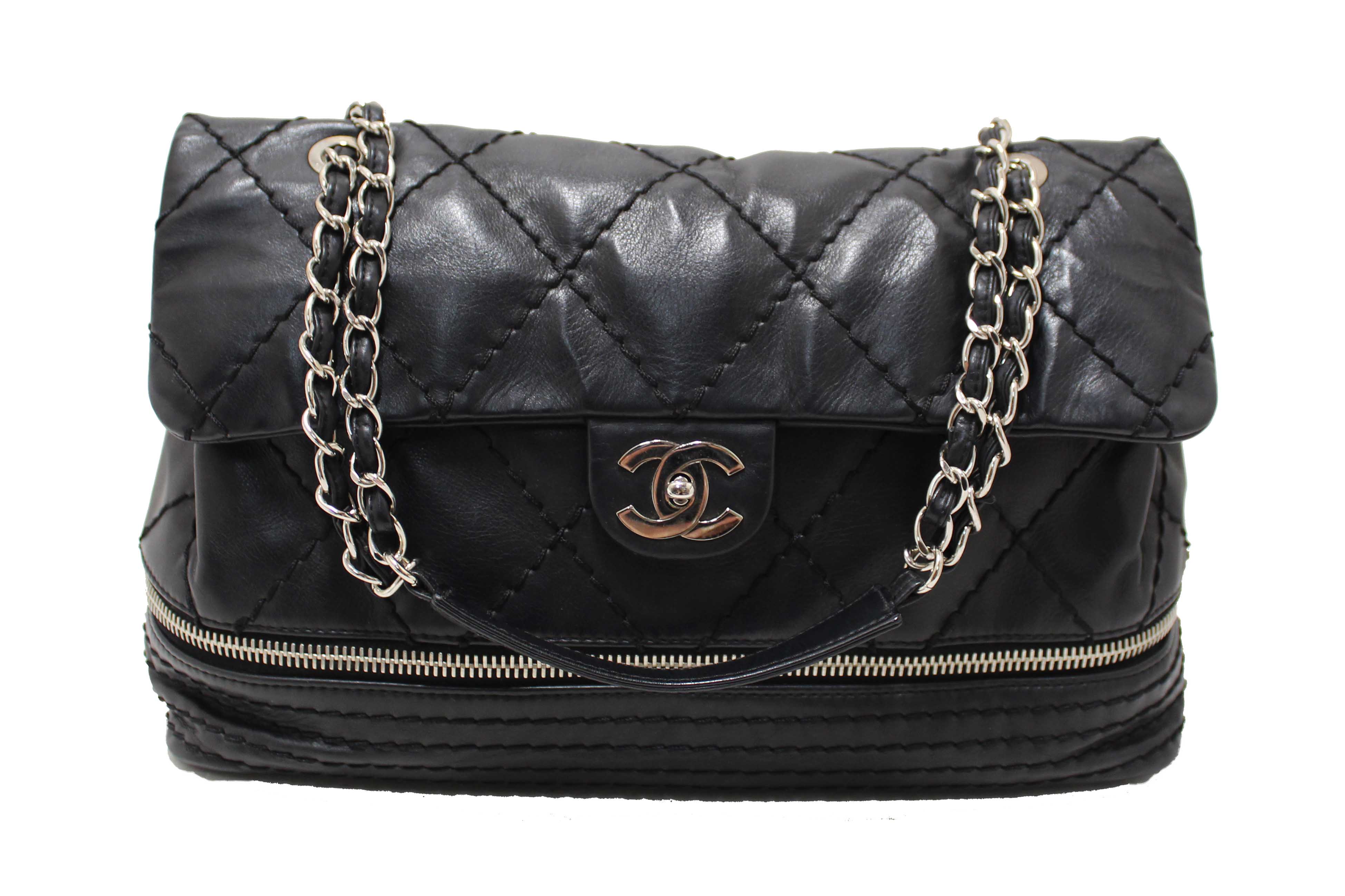 Authentic Chanel Black Quilted Calfskin Leather Expandable Ligne Flap Bag