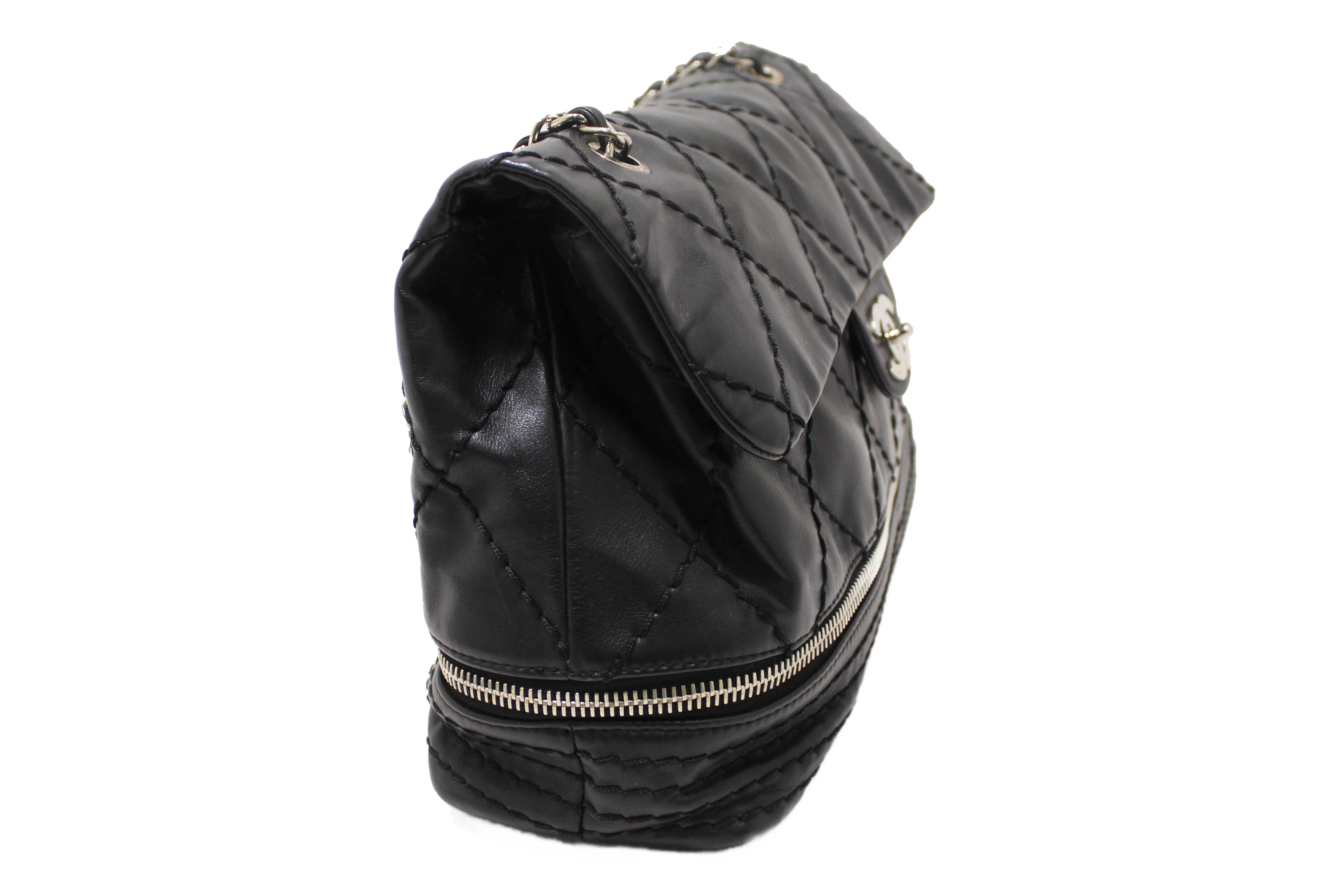 Authentic Chanel Black Quilted Calfskin Leather Expandable Ligne Flap Bag