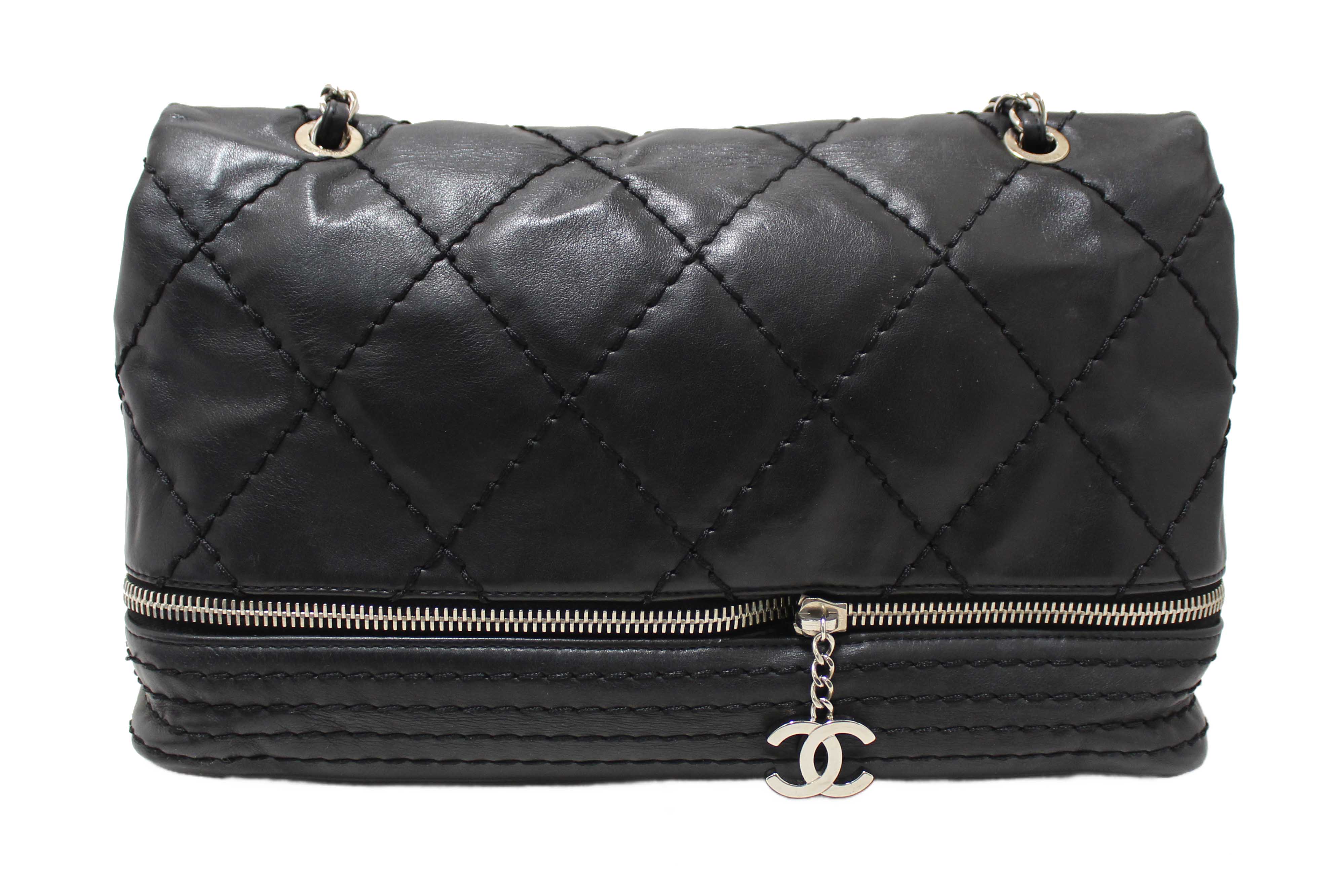 Authentic Chanel Black Quilted Calfskin Leather Expandable Ligne Flap Bag