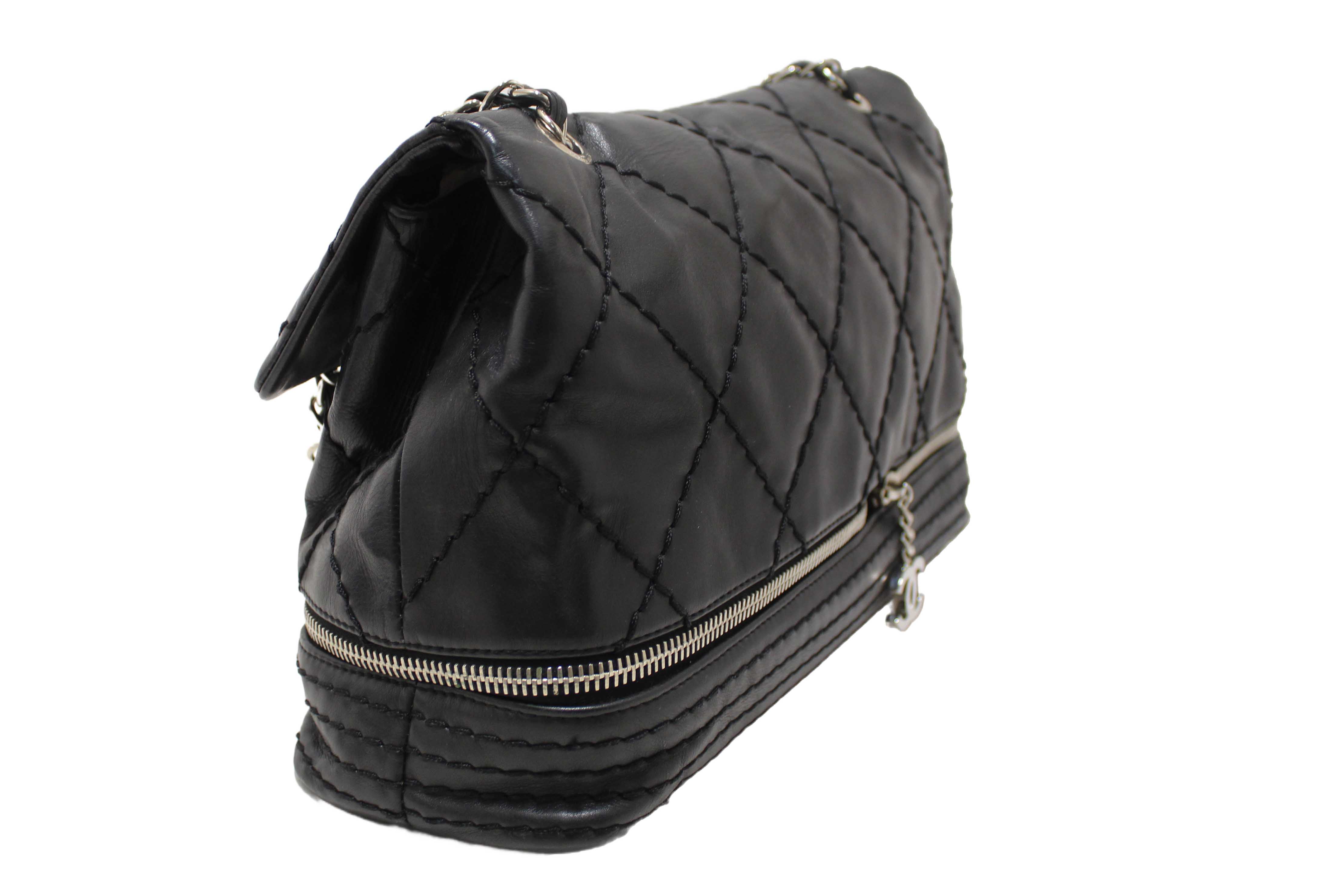 Authentic Chanel Black Quilted Calfskin Leather Expandable Ligne Flap Bag