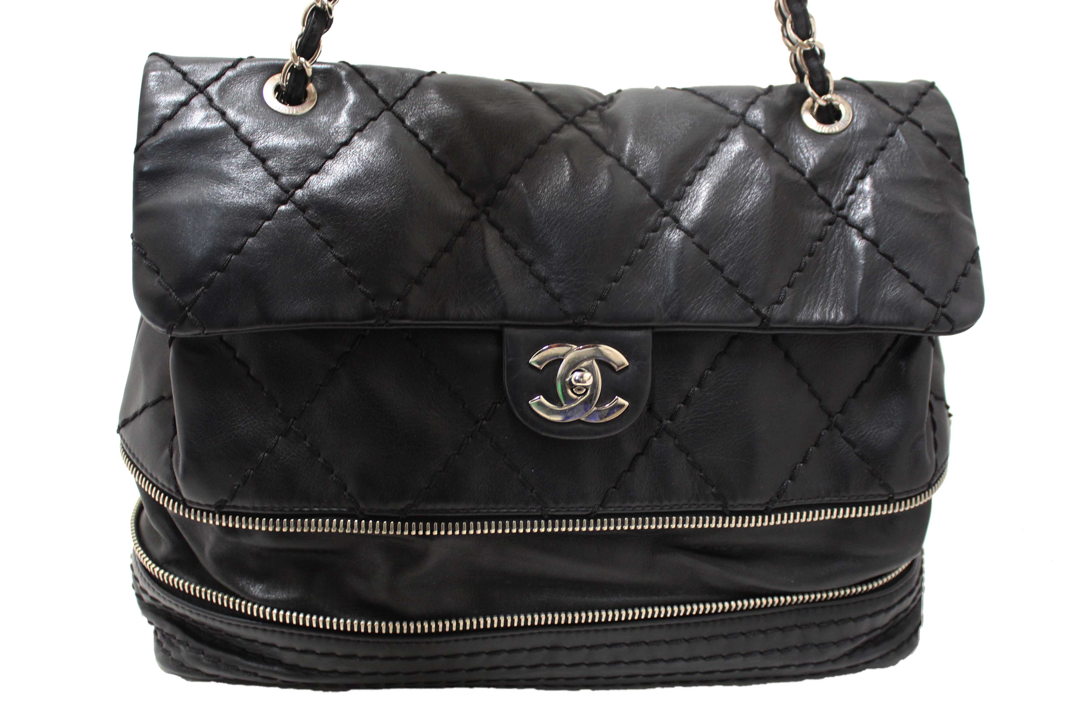 Authentic Chanel Black Quilted Calfskin Leather Expandable Ligne Flap Bag