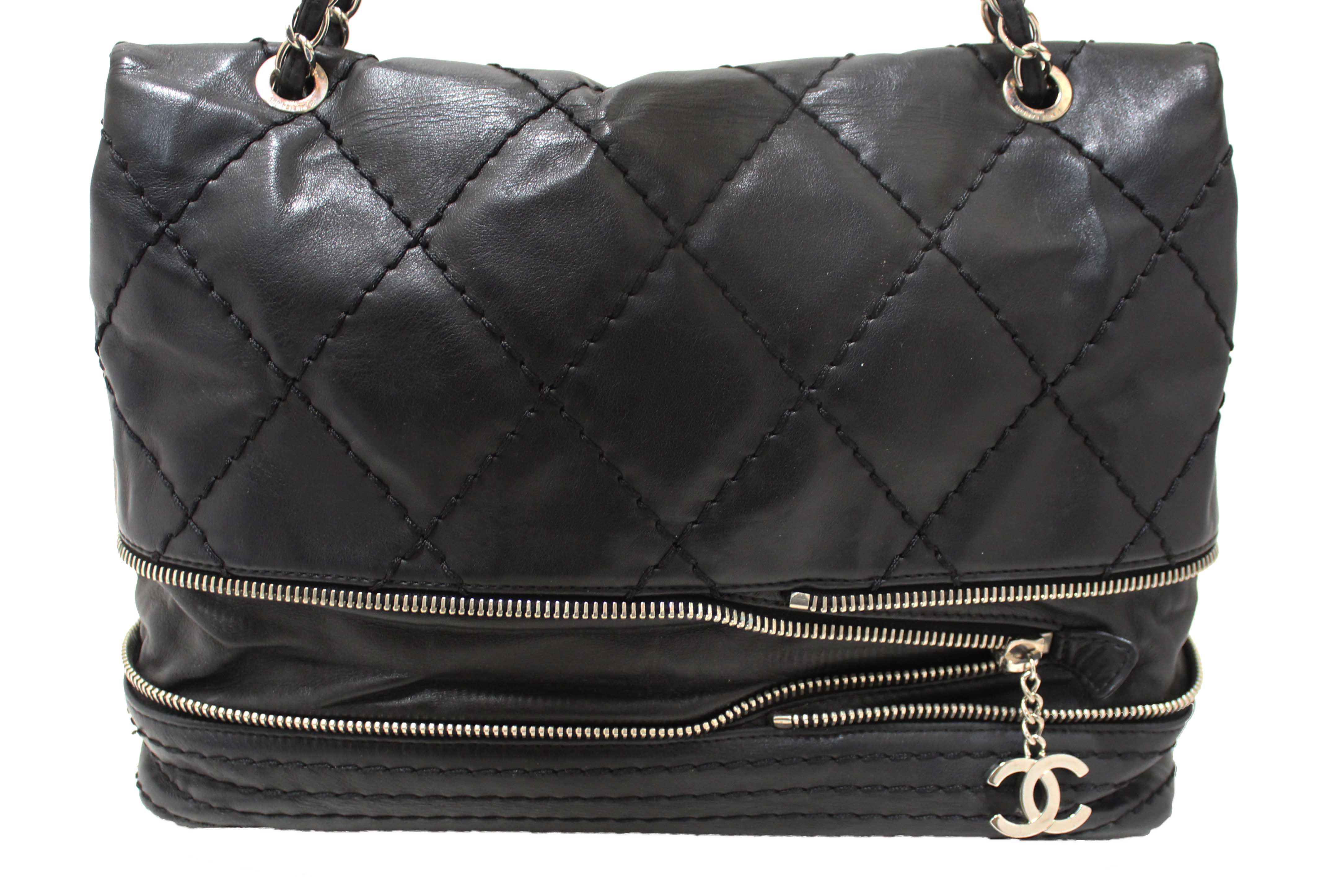 Authentic Chanel Black Quilted Calfskin Leather Expandable Ligne Flap Bag