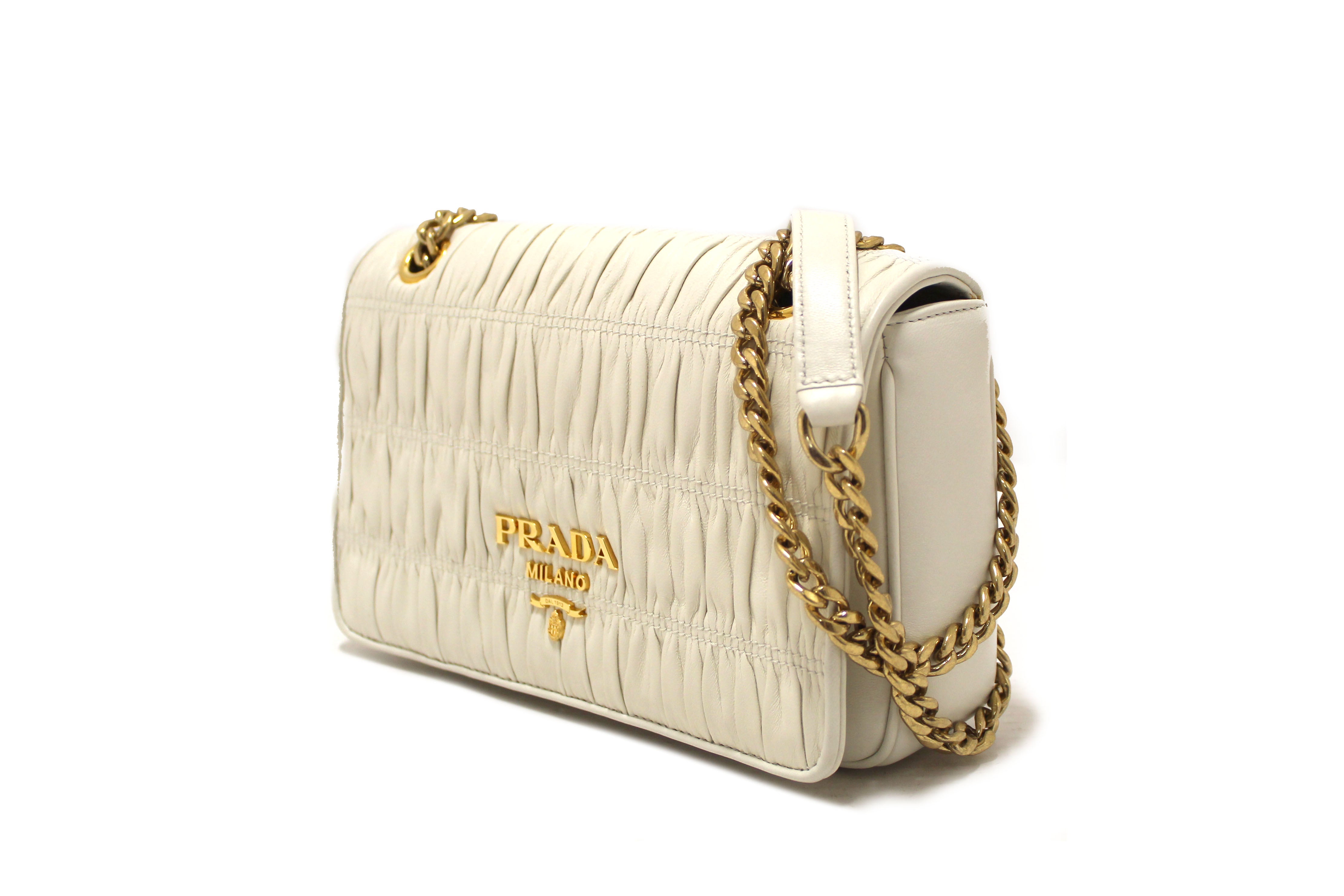 Authentic Prada Off White Matelasse Nappa Leather Flap Chain Bag