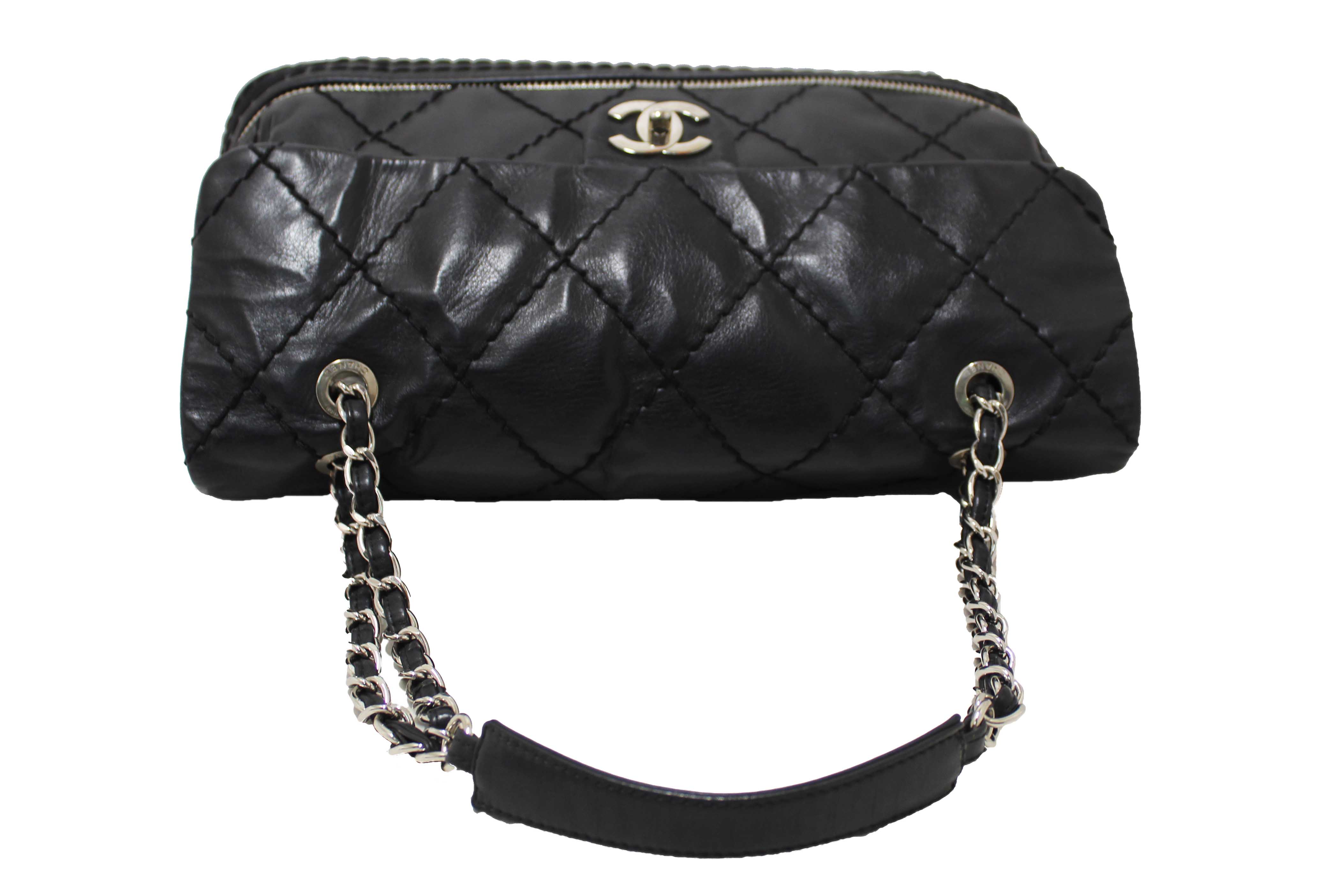 Authentic Chanel Black Quilted Calfskin Leather Expandable Ligne Flap Bag