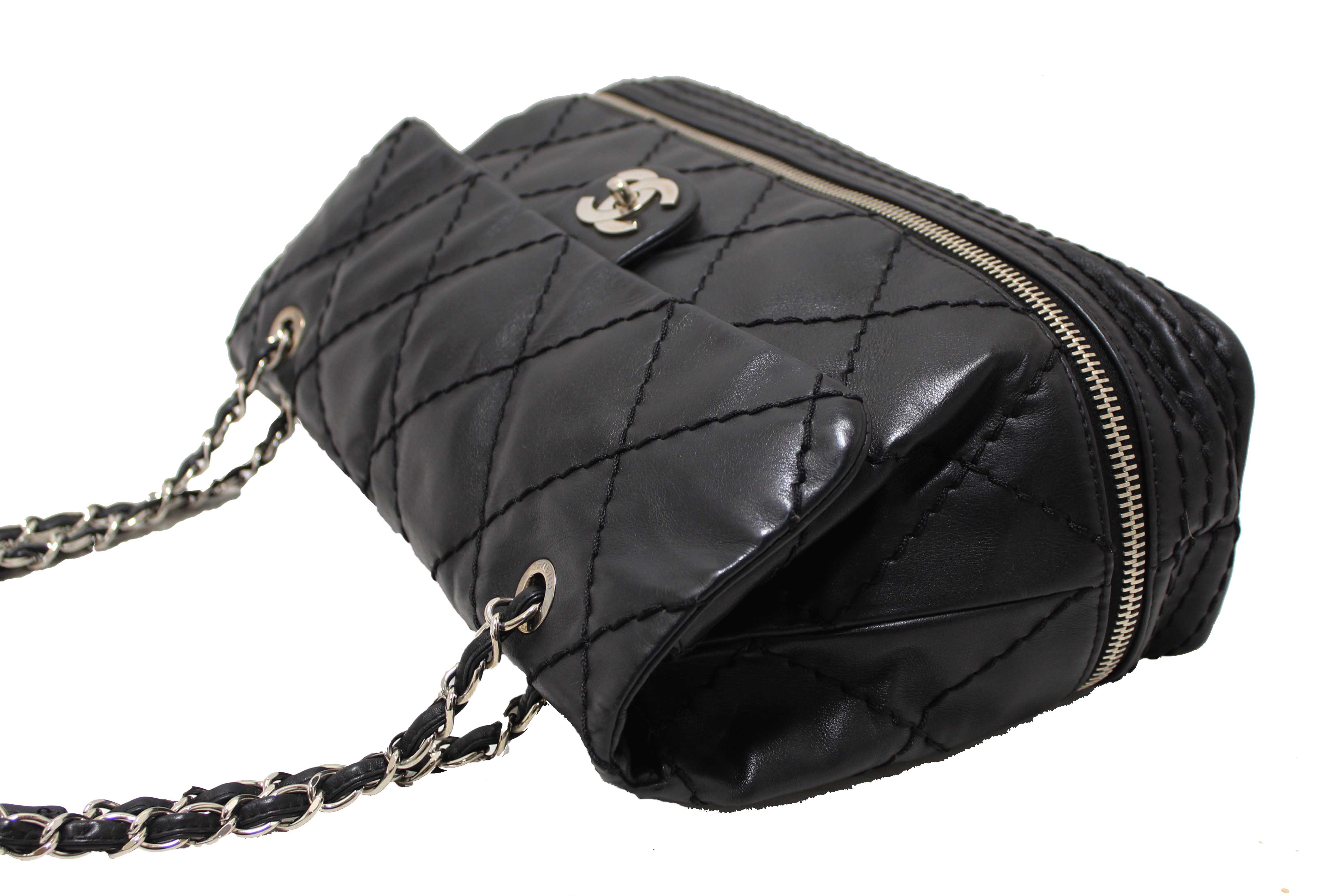 Authentic Chanel Black Quilted Calfskin Leather Expandable Ligne Flap Bag