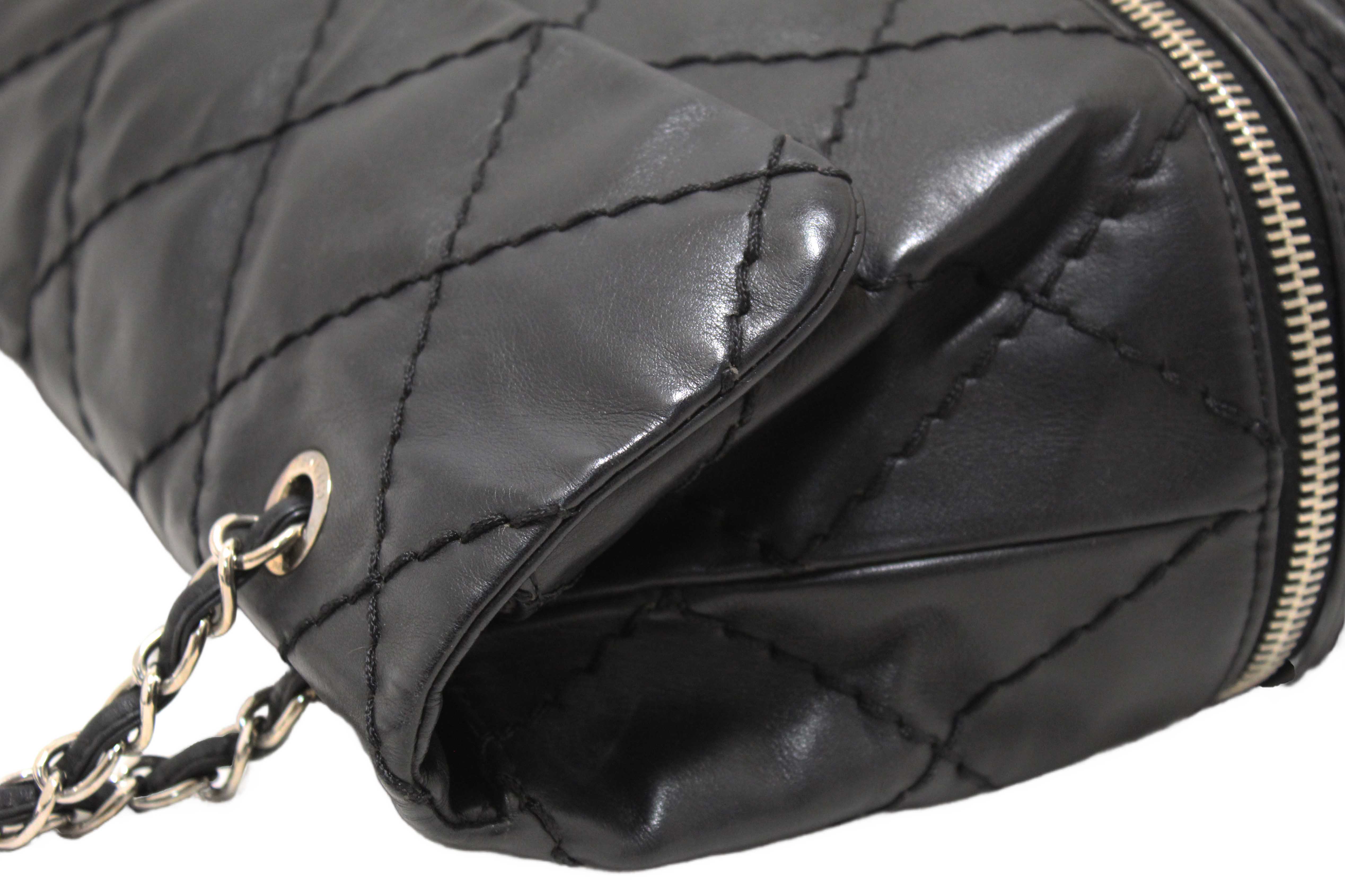 Authentic Chanel Black Quilted Calfskin Leather Expandable Ligne Flap Bag