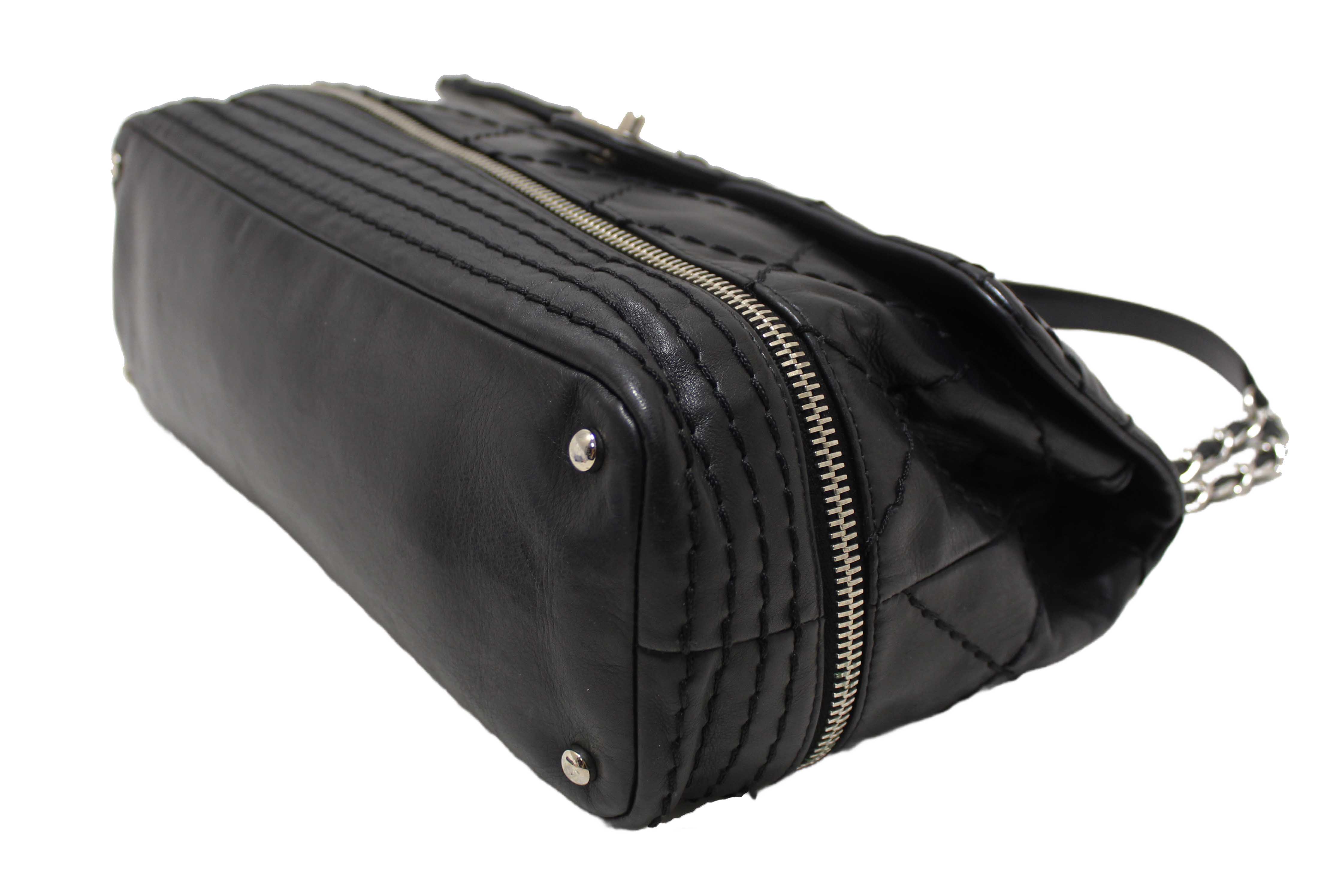 Authentic Chanel Black Quilted Calfskin Leather Expandable Ligne Flap Bag