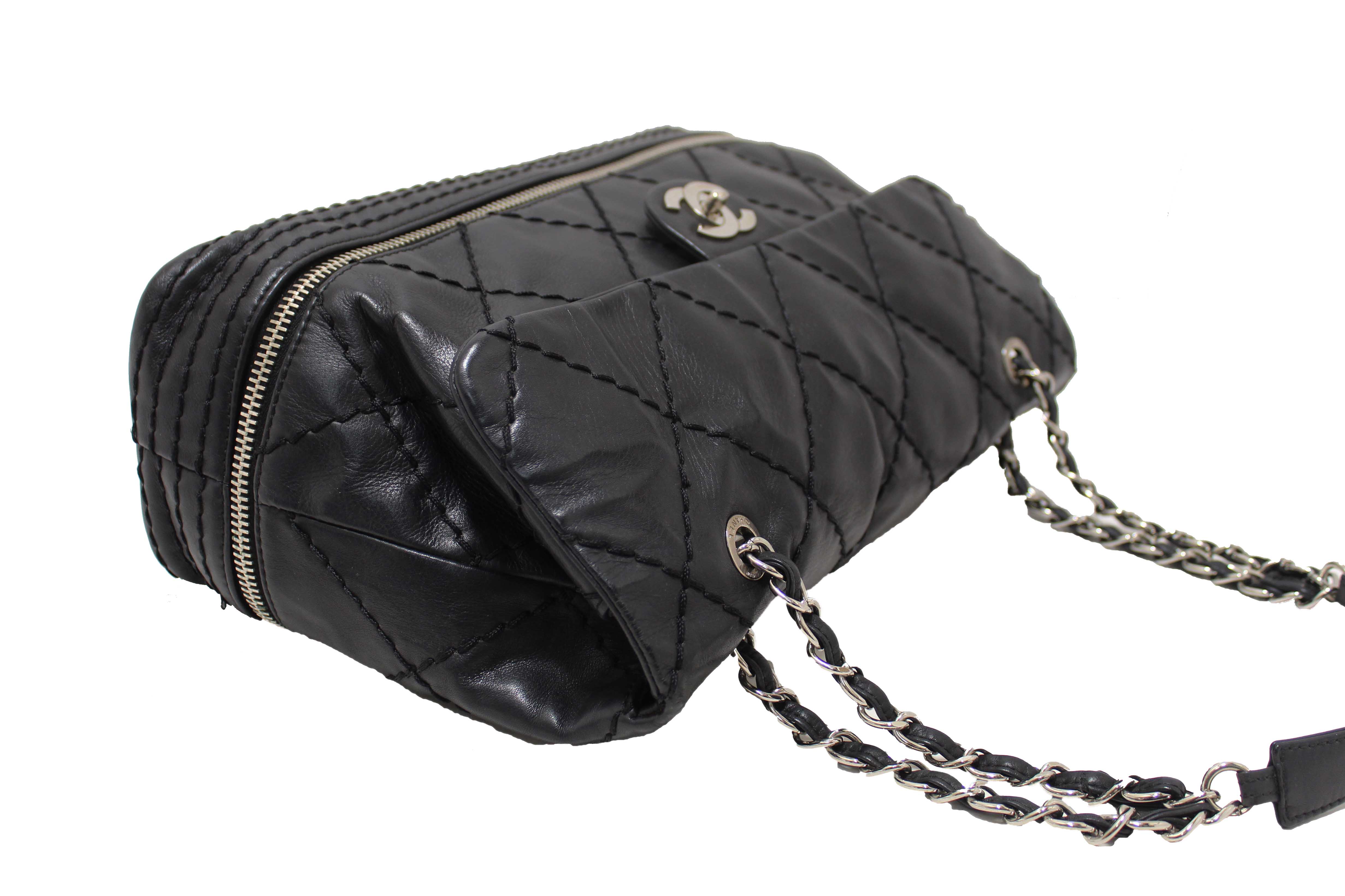 Authentic Chanel Black Quilted Calfskin Leather Expandable Ligne Flap Bag