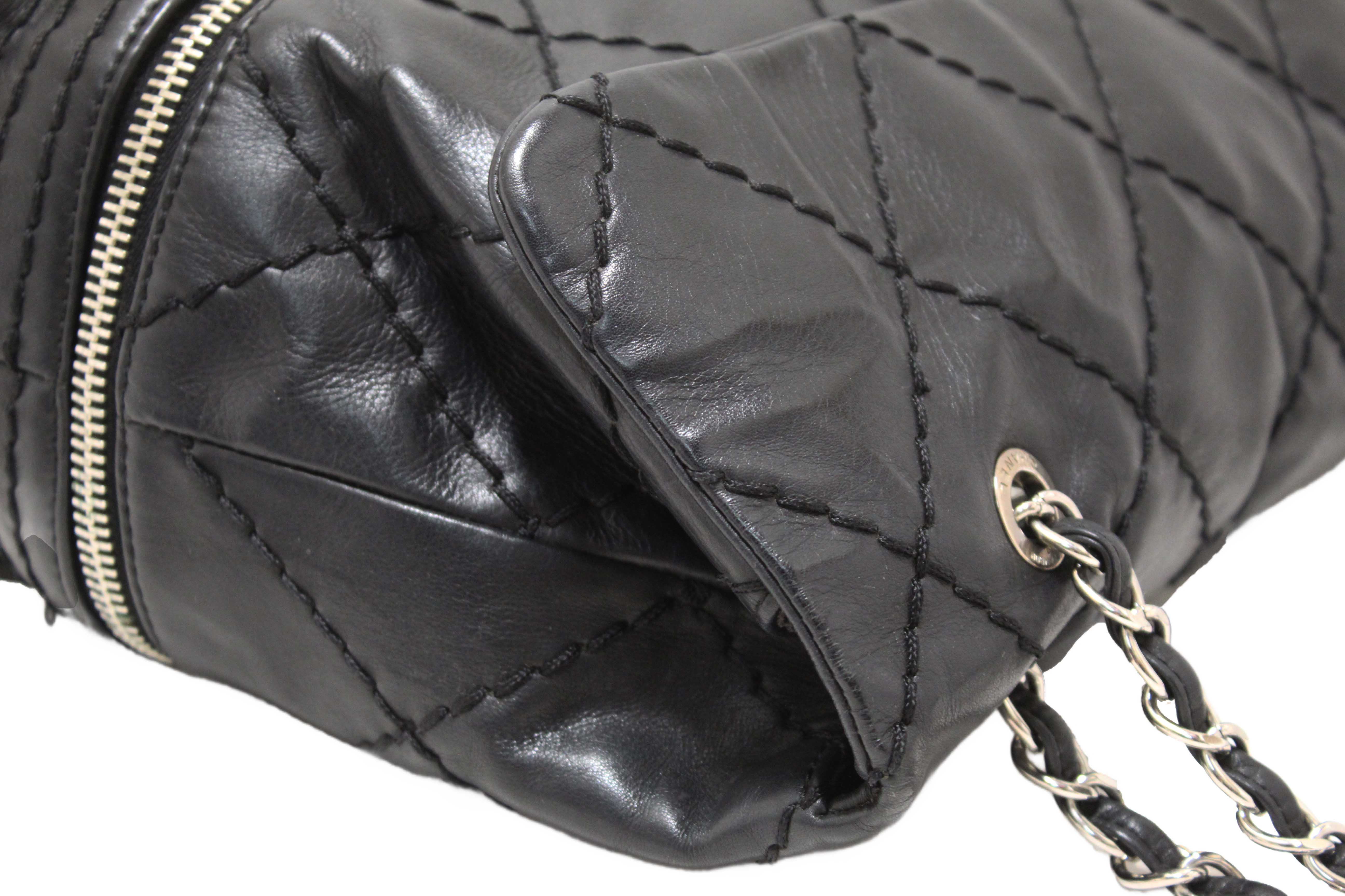 Authentic Chanel Black Quilted Calfskin Leather Expandable Ligne Flap Bag