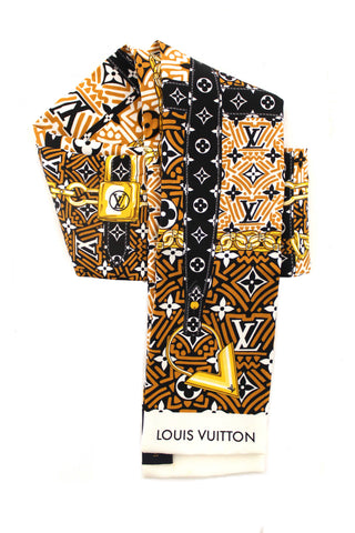 Authentic Louis Vuitton Silk Caramel Monogram Crafty Confidential Twilly Bandeau Scarf