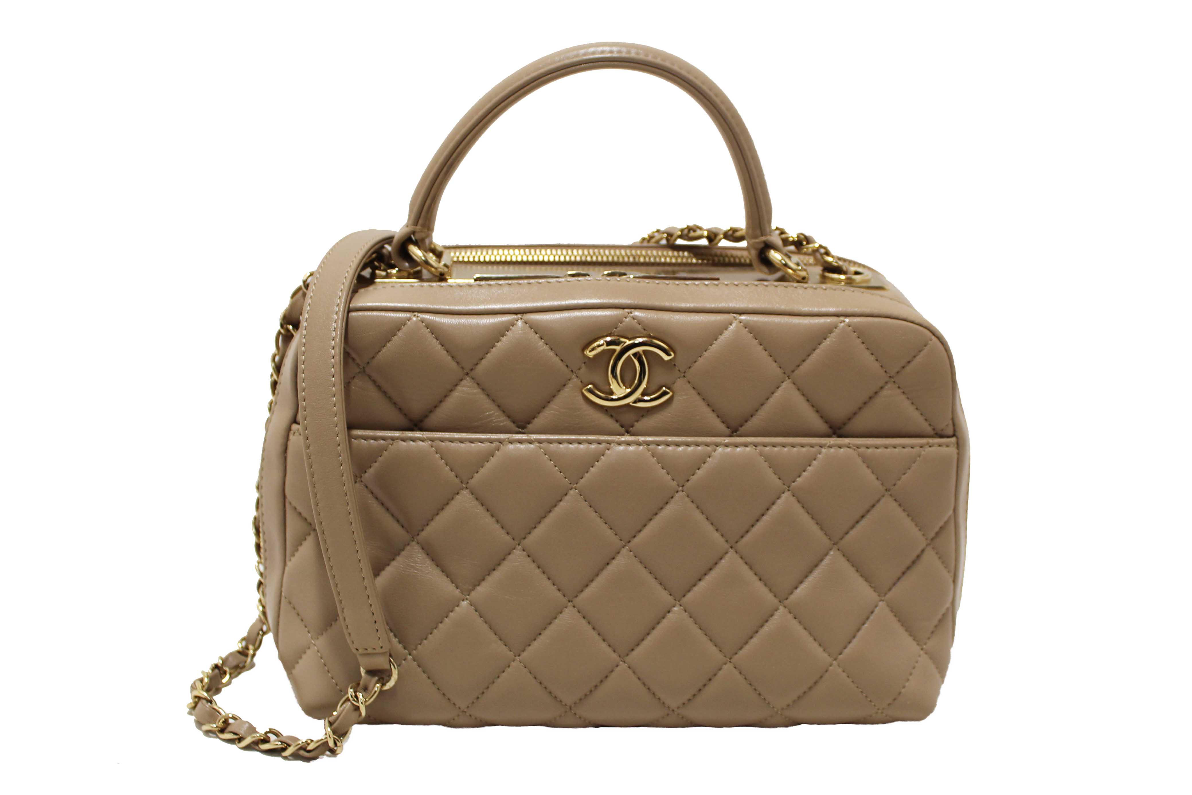 Authentic Chanel Beige Lambskin Quilted Medium Trendy CC Bowling Bag