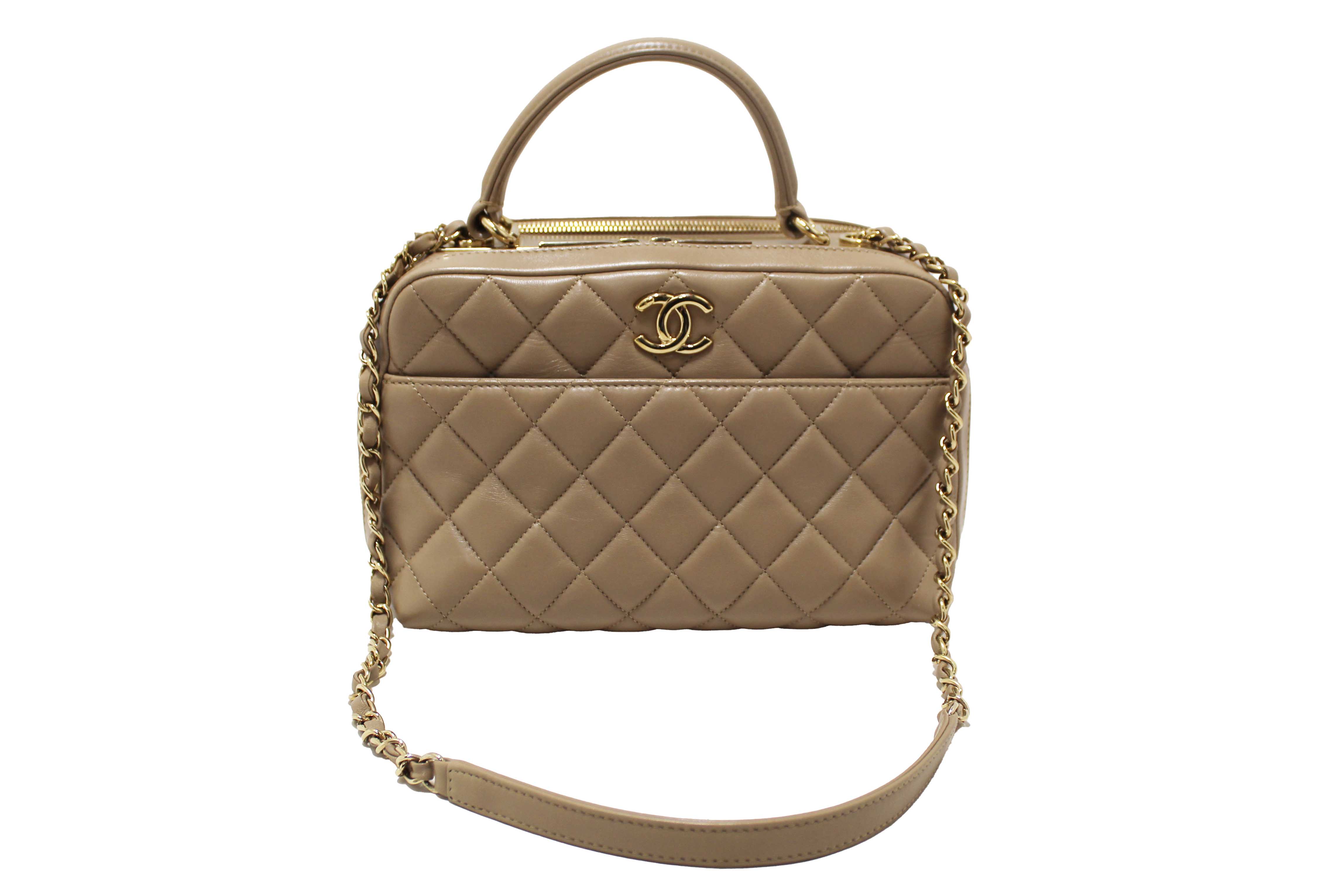 Authentic Chanel Beige Lambskin Quilted Medium Trendy CC Bowling Bag