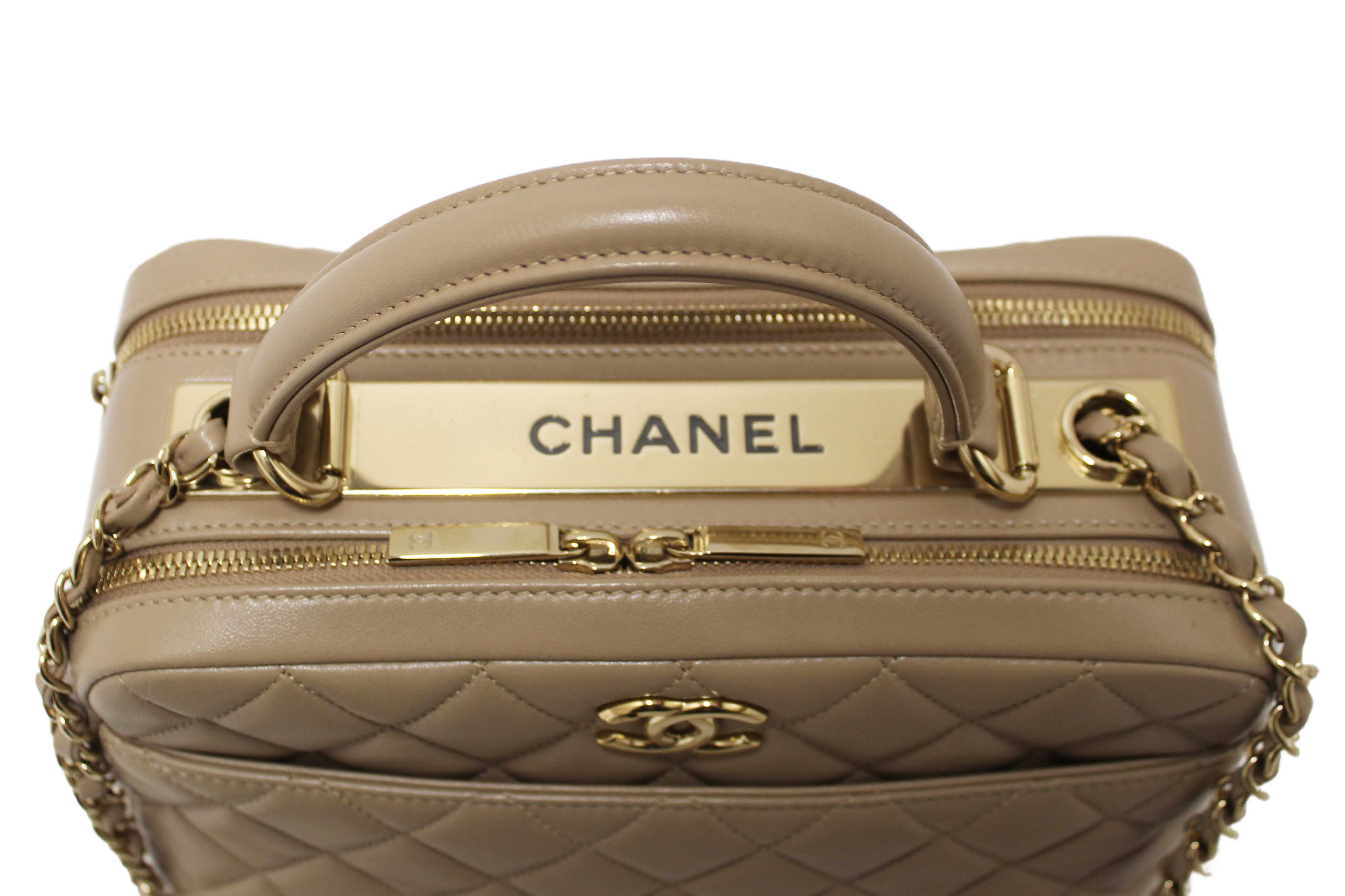 Authentic Chanel Beige Lambskin Quilted Medium Trendy CC Bowling Bag