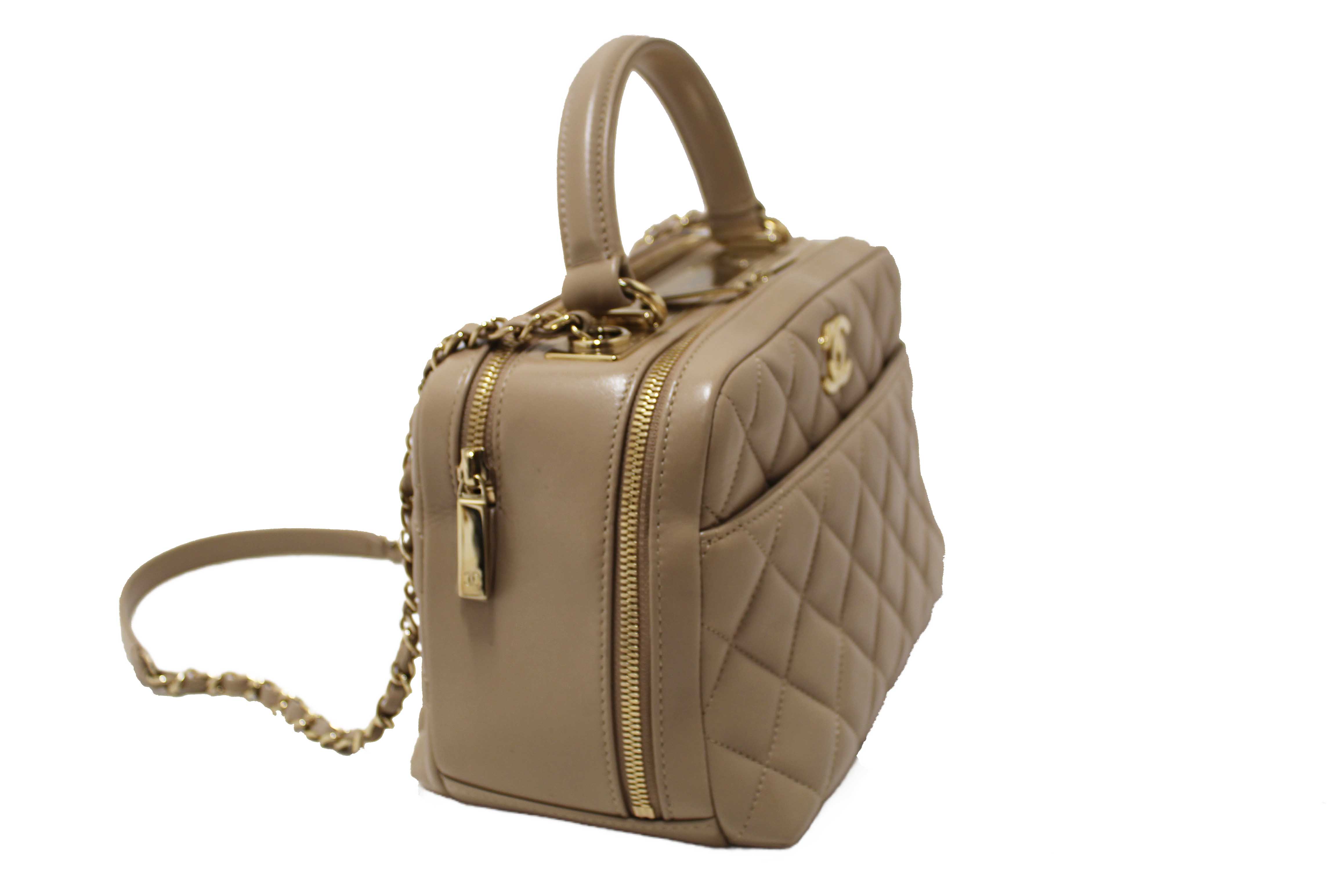 Authentic Chanel Beige Lambskin Quilted Medium Trendy CC Bowling Bag