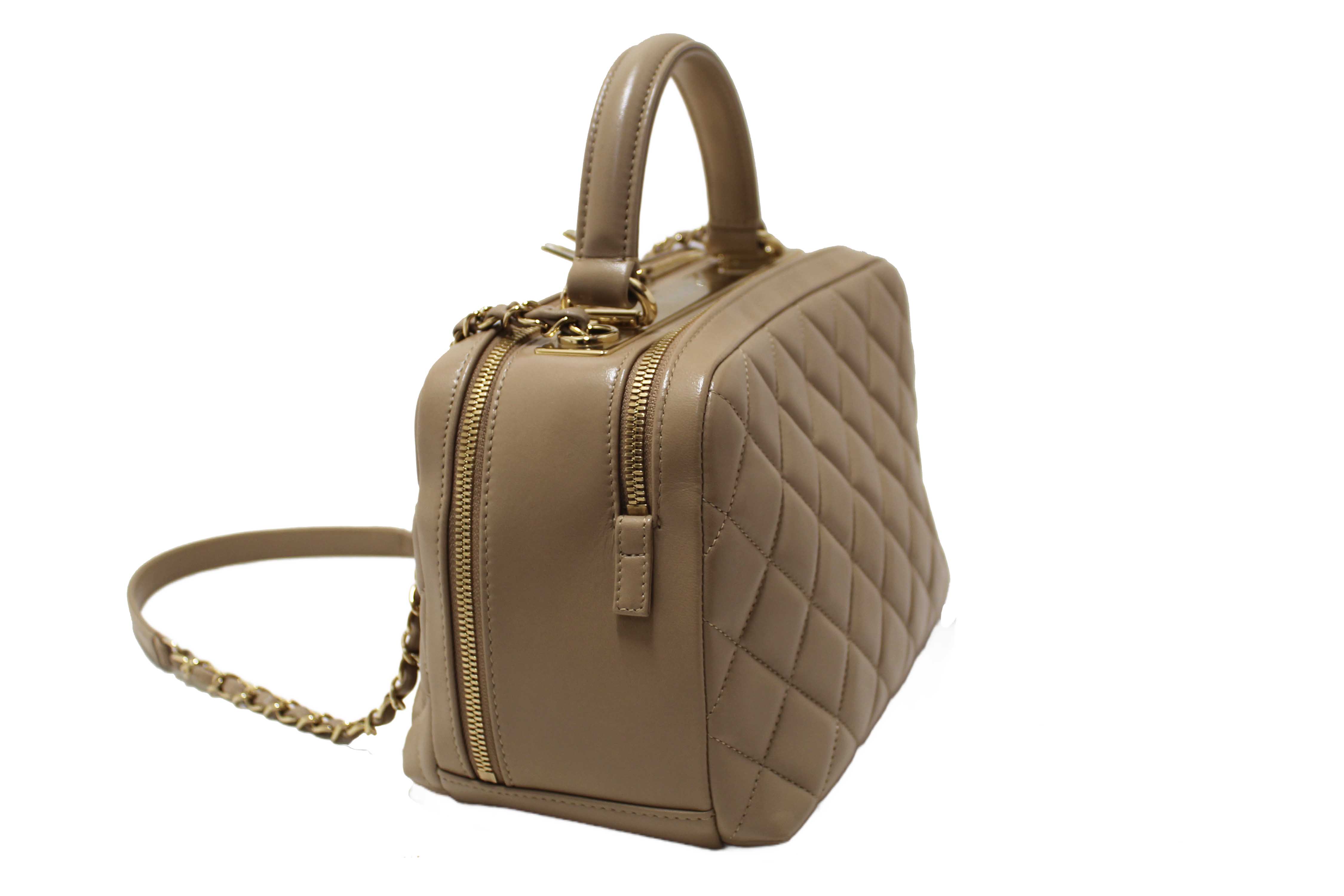 Authentic Chanel Beige Lambskin Quilted Medium Trendy CC Bowling Bag