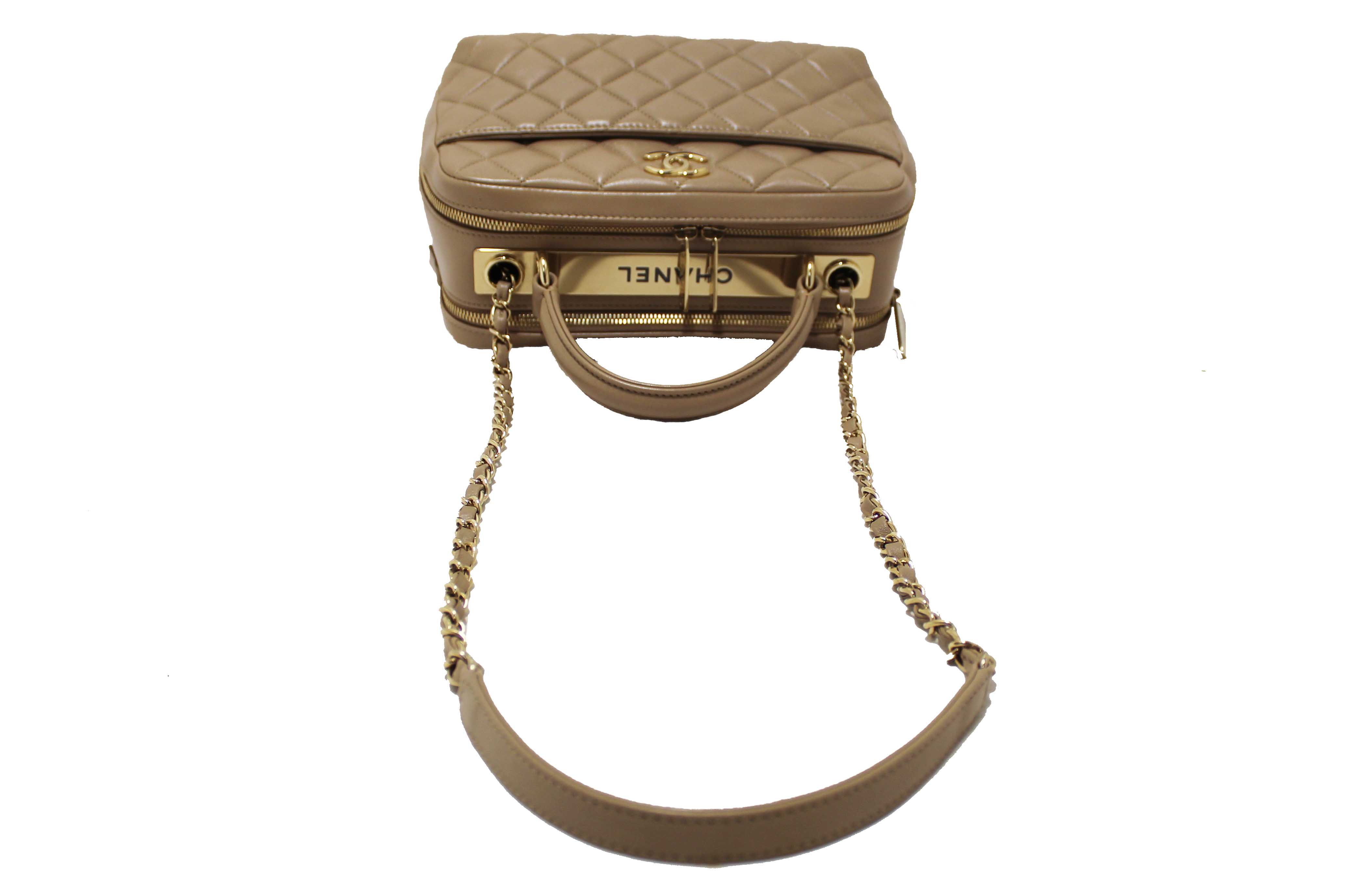 Authentic Chanel Beige Lambskin Quilted Medium Trendy CC Bowling Bag