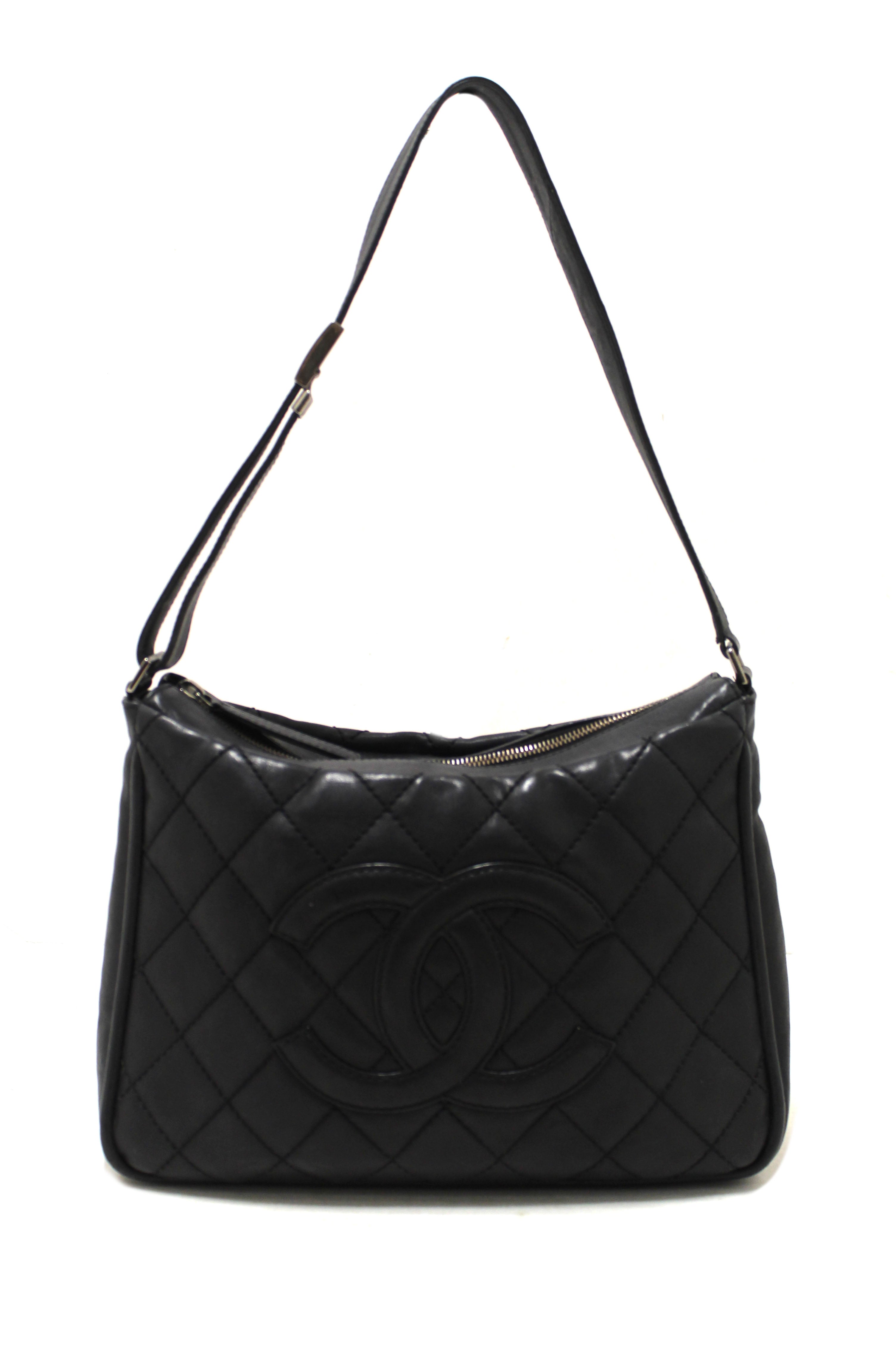 Authentic Chanel Vintage Black Wild Stitch Quilted Calfskin Leather CC Timeless Shoulder Bag