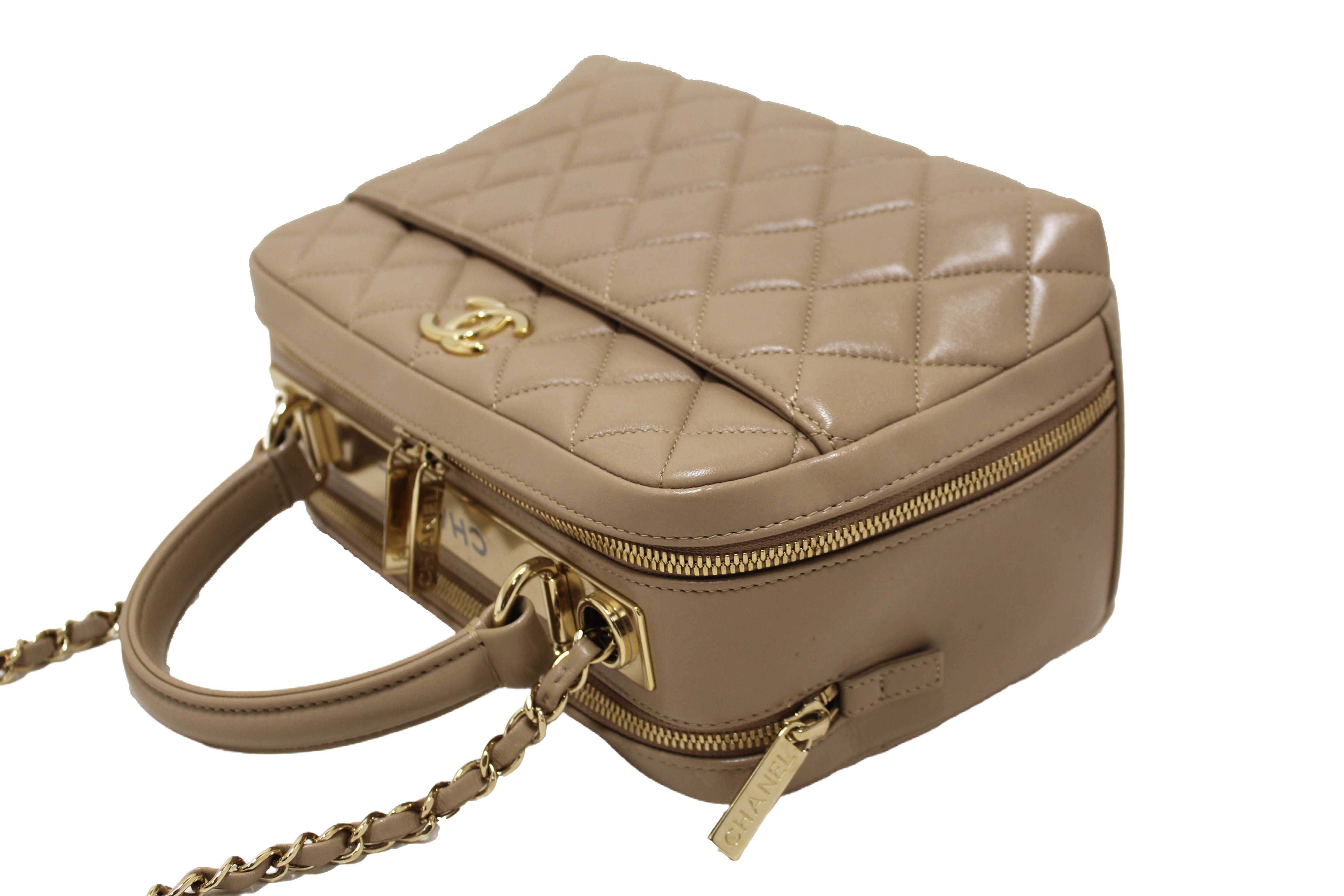 Authentic Chanel Beige Lambskin Quilted Medium Trendy CC Bowling Bag