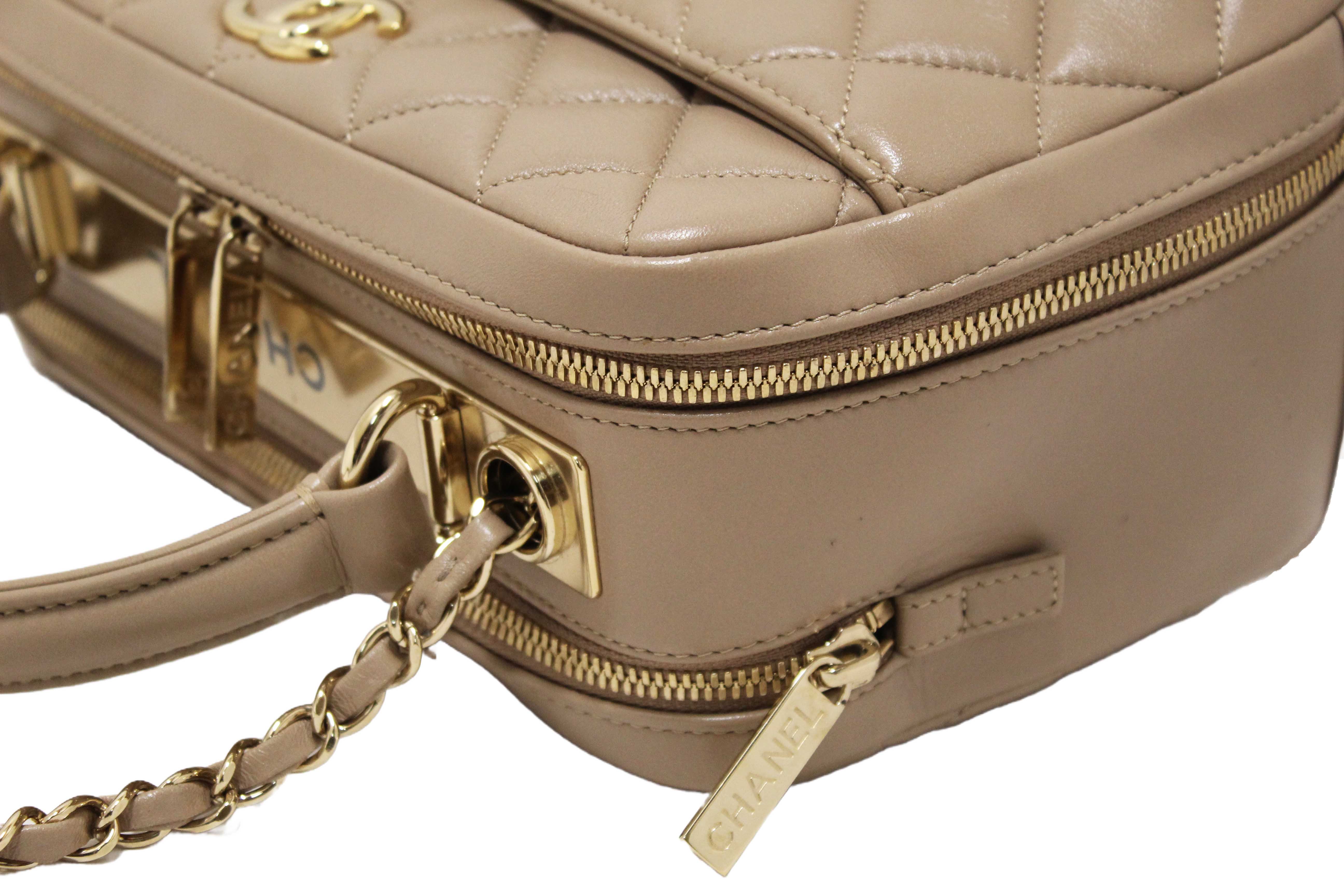 Authentic Chanel Beige Lambskin Quilted Medium Trendy CC Bowling Bag