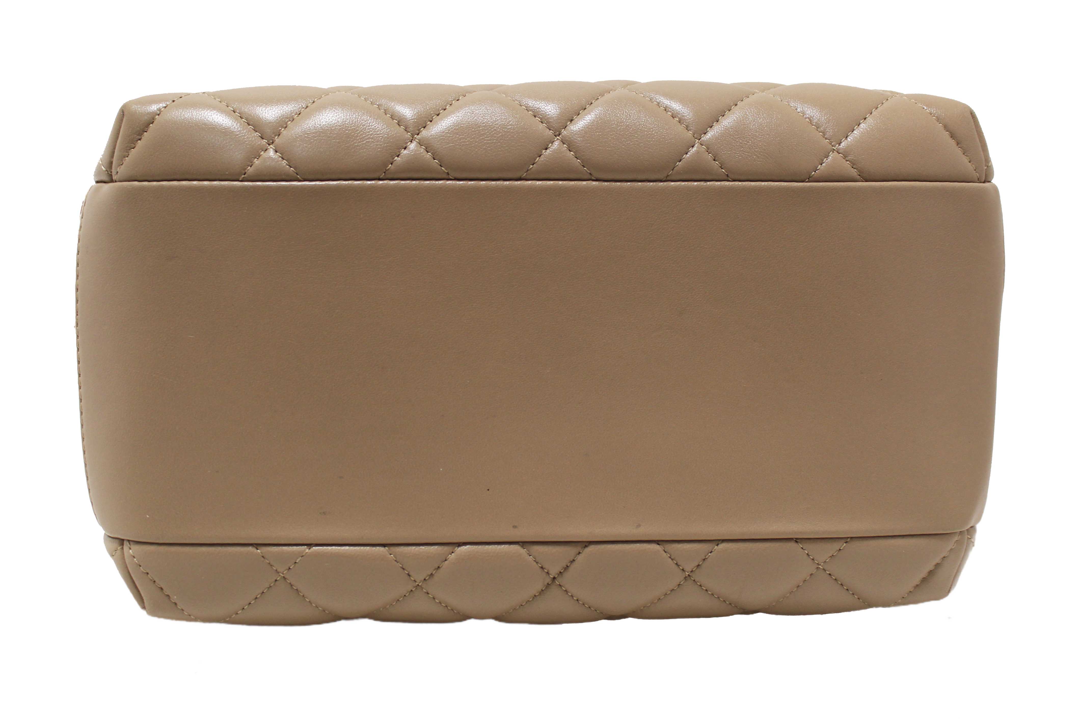 Authentic Chanel Beige Lambskin Quilted Medium Trendy CC Bowling Bag