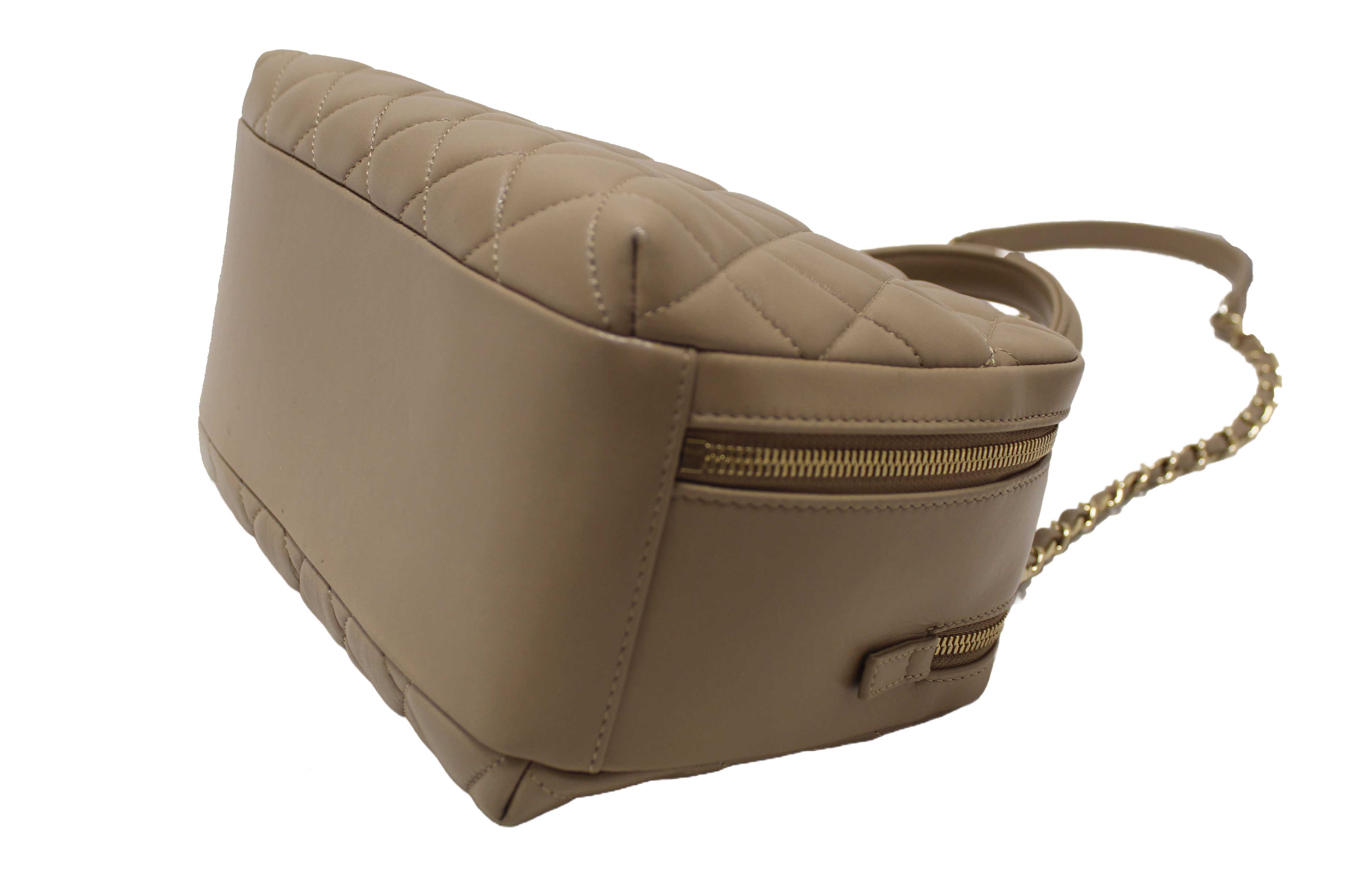 Authentic Chanel Beige Lambskin Quilted Medium Trendy CC Bowling Bag