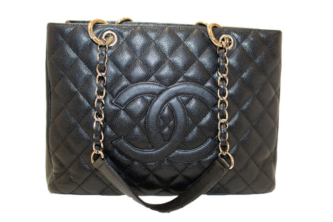 Authentic Chanel Black Quilted Caviar Leather Grand Shopper Tote Shoulder Bag