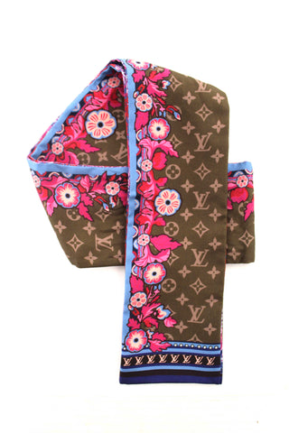 Authentic Louis Vuitton Pink/Brown Silk Monogram Louis a Paris Print Bandeau Scarf