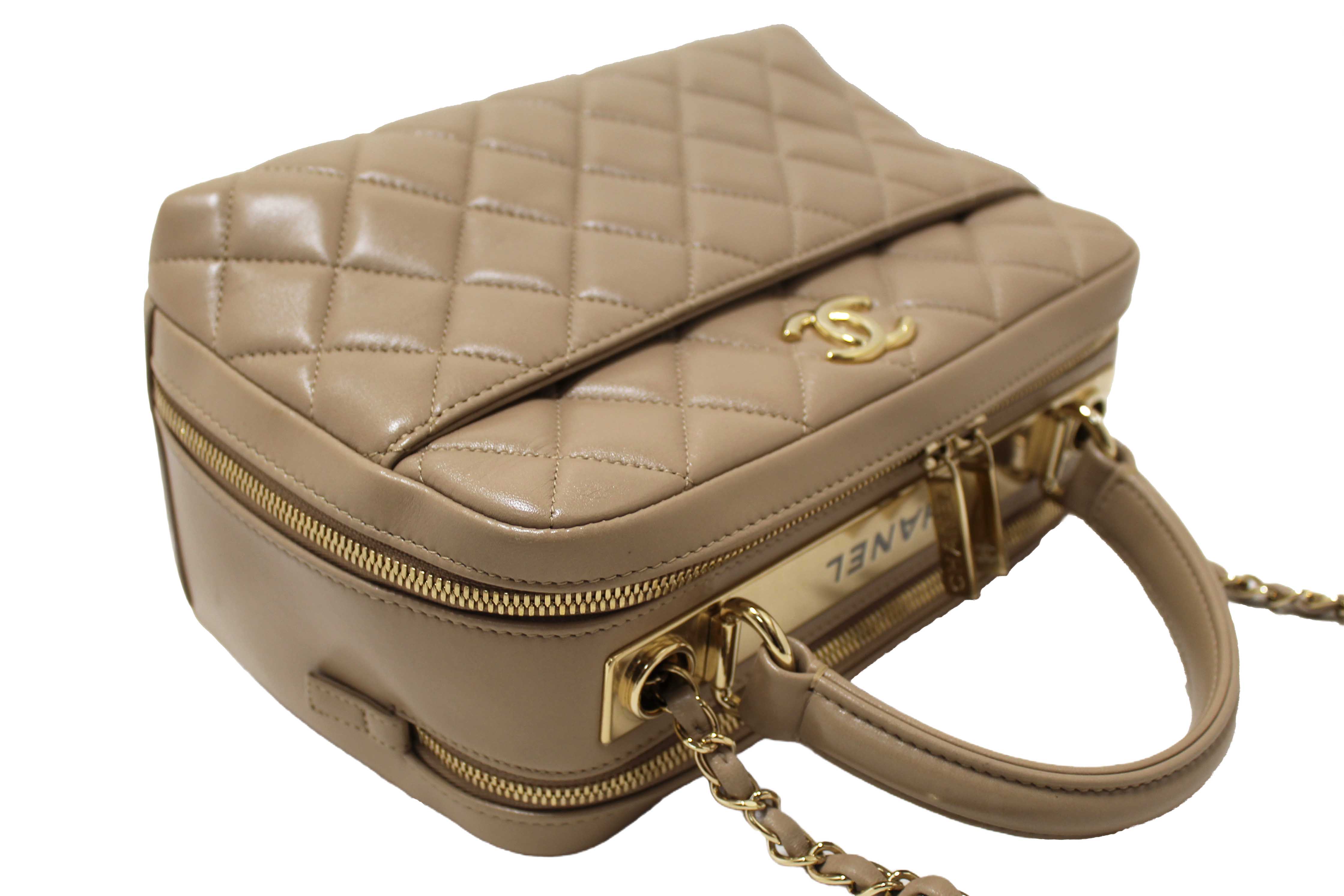 Authentic Chanel Beige Lambskin Quilted Medium Trendy CC Bowling Bag