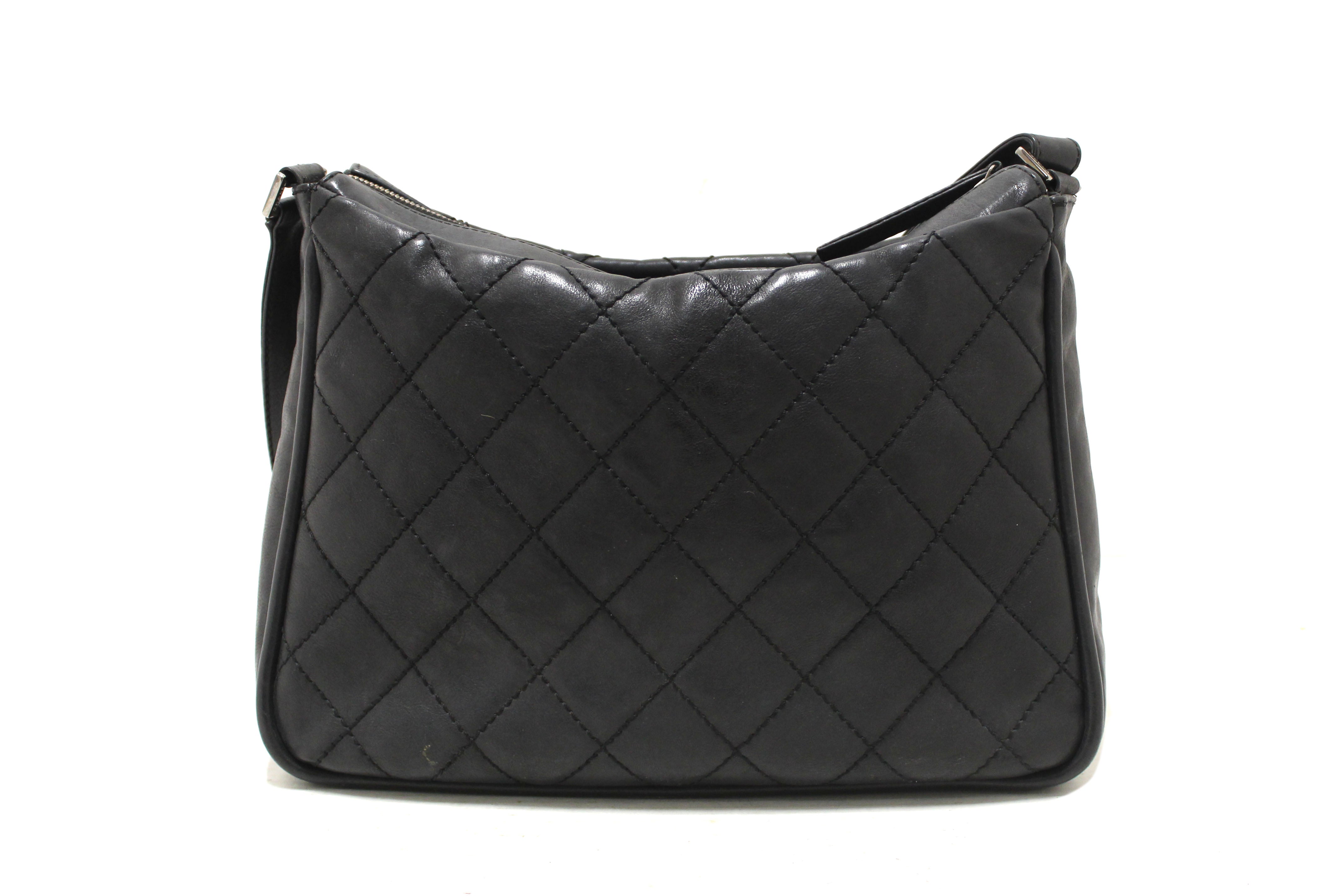 Authentic Chanel Vintage Black Wild Stitch Quilted Calfskin Leather CC Timeless Shoulder Bag