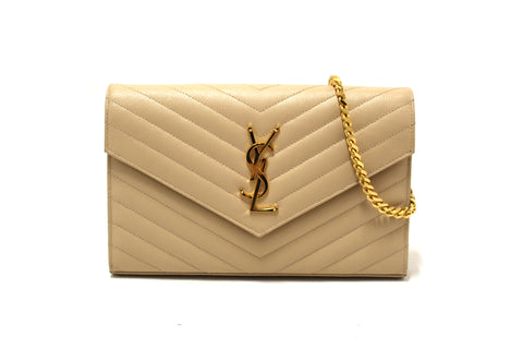 Authentic Saint Laurent Beige Matelasse Grain De Poudre Chevron Chain Wallet Crossbody Bag