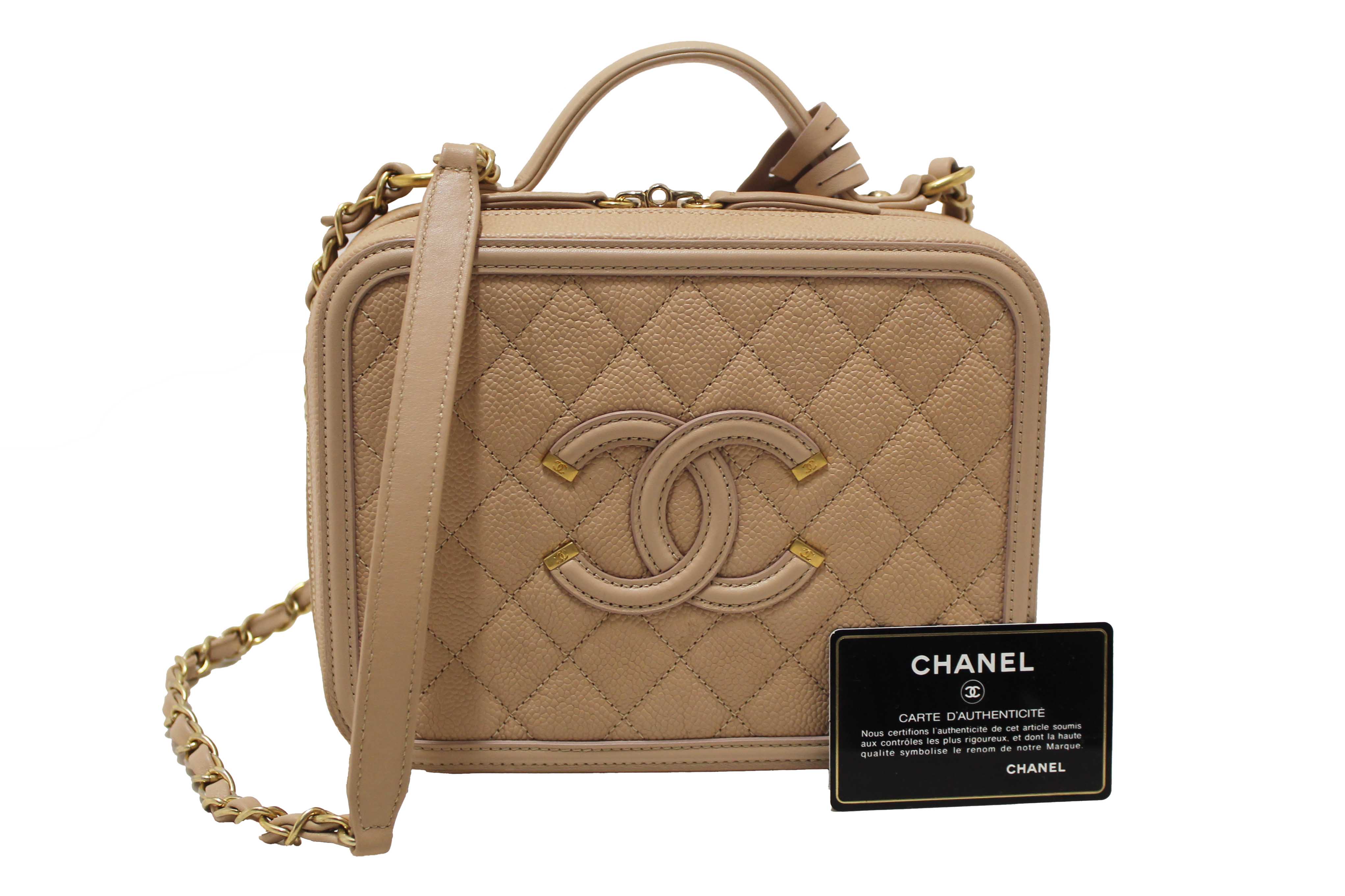 Authentic Chanel Beige Quilted Caviar Leather Medium CC Filigree Vanity Case