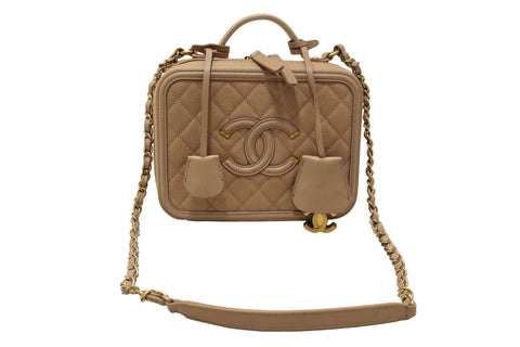 Authentic Chanel Beige Quilted Caviar Leather Medium CC Filigree Vanity Case