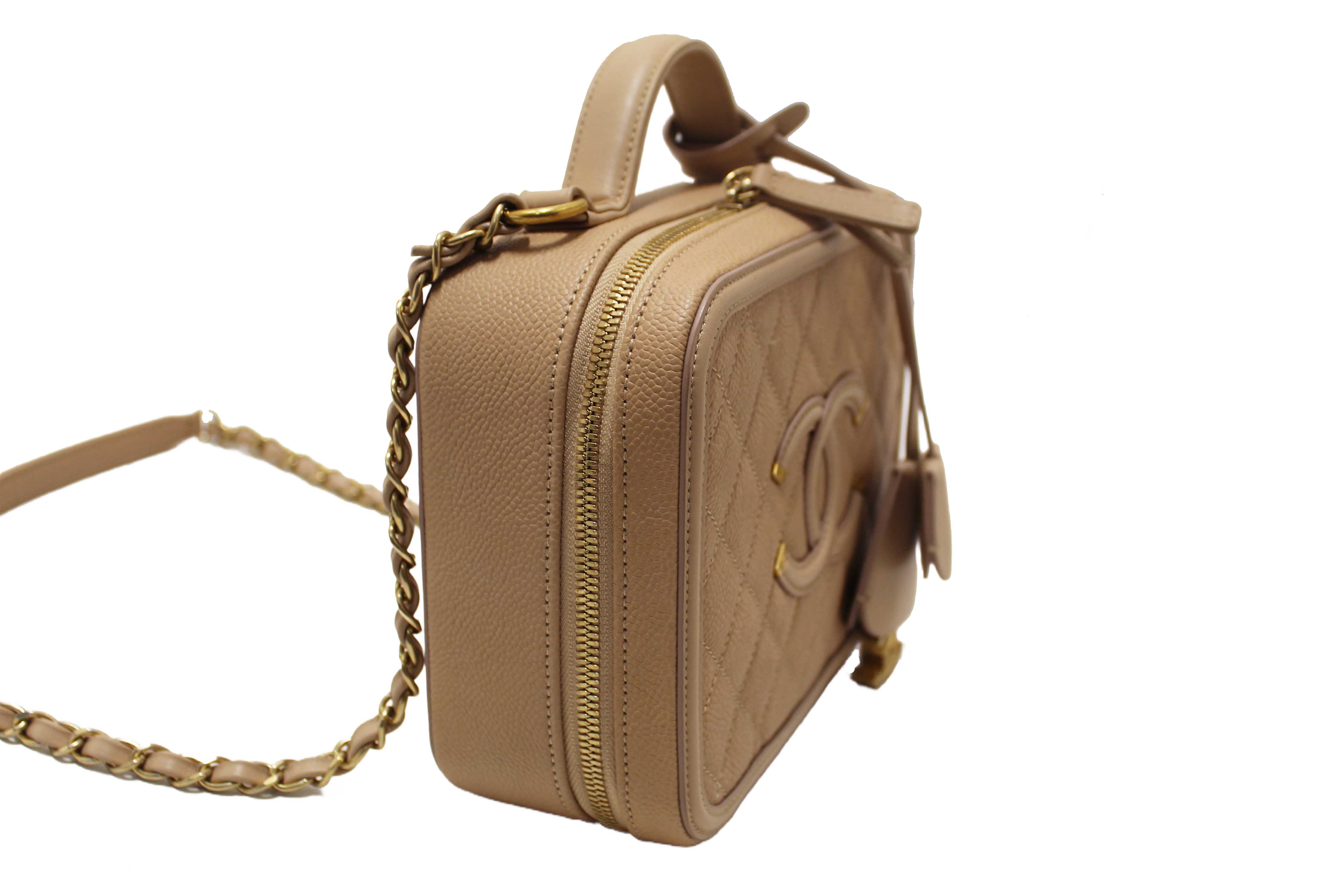 Authentic Chanel Beige Quilted Caviar Leather Medium CC Filigree Vanity Case