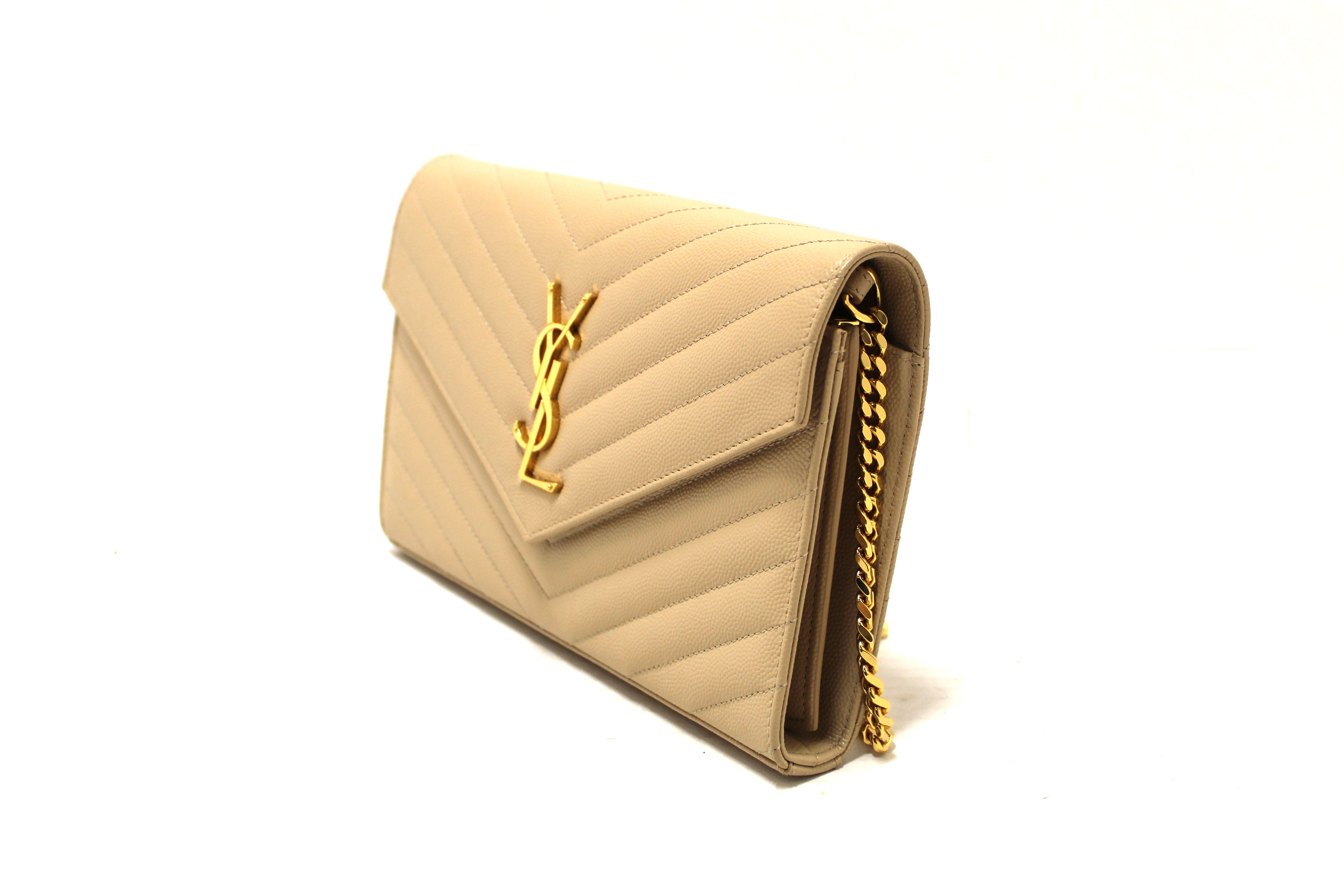 Authentic Saint Laurent Beige Matelasse Grain De Poudre Chevron Chain Wallet Crossbody Bag